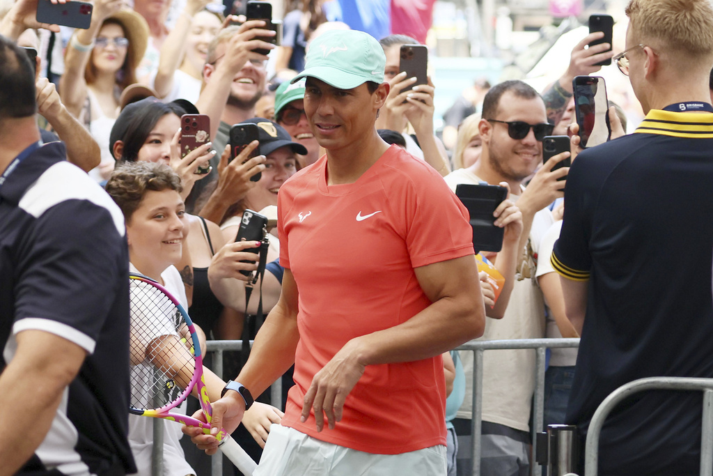 Rafael Nadal of Spain arrives for a public appearance in the Queen Street Mall ahead of the Brisbane International tennis tournament in Brisbane, Australia, Friday, Dec. 29, 2023. 
