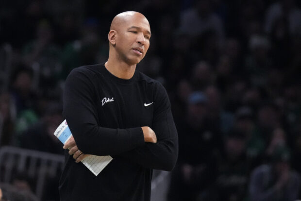 Detroit Pistons head coach Monty Williams watches his players during the first half of an NBA basketball game against the Boston Celtics, Thursday, Dec. 28, 2023, in Boston.