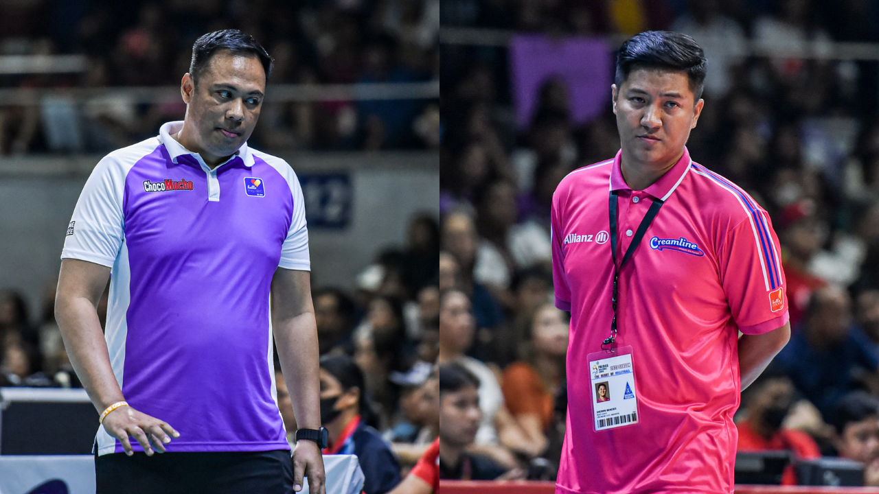 Choco Mucho coach Dante Alinsunurin and Creamline coach Sherwin Meneses in the PVL All-Filipino Finals.
