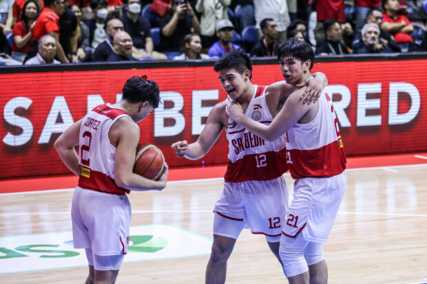 San Beda Red Lions' Jacob Cortez, Gonzales, Yukien Andrada after securing the NCAA Season 99 Finals berth. -MARLO CUETO/INQUIRER.net