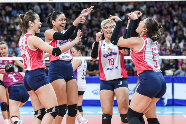 Creamline Cool Smashers in Game 1 of the PVL All-Filipino Conference Finals against Choco Mucho.