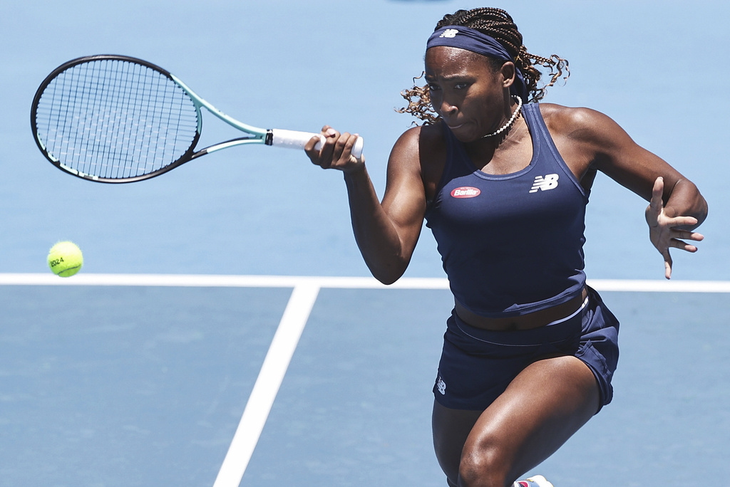 Coco Gauff of United States plays a forehand return to Brenda Fruhvirtova of Czech Republic at the ASB Tennis Classic in Auckland, New Zealand, Thursday, Jan. 4, 2024.