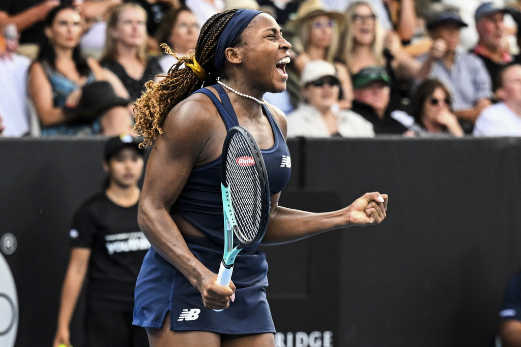 Coco Gauff of the United States celebrates after defeating Elina Svitolina of Ukraine in the final of the ASB Tennis Classic in Auckland, New Zealand, Sunday, Jan. 7, 2024. 