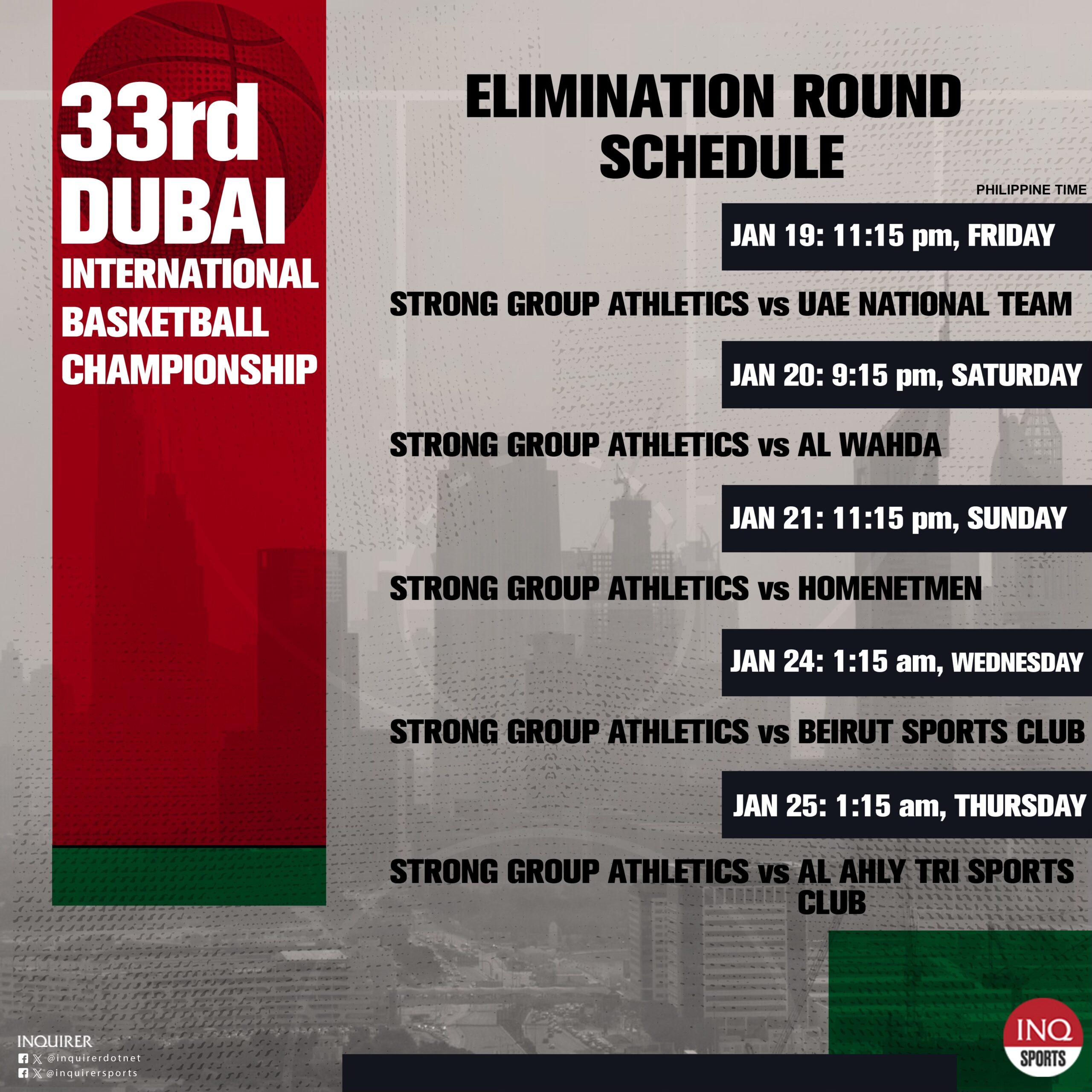 Strong Group Athletics schedule of games at  Dubai International Basketball Championship