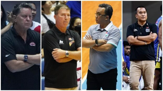 Coaches in the Final Four, fromtop left, clockwise, Ginebra’s
Tim Cone, Jorge Gallent of San
Miguel, Jamike Jarin of Phoenix
and Magnolia’s Chito Victolero.
—PHOTOS BY AUGUST DELA CRUZ