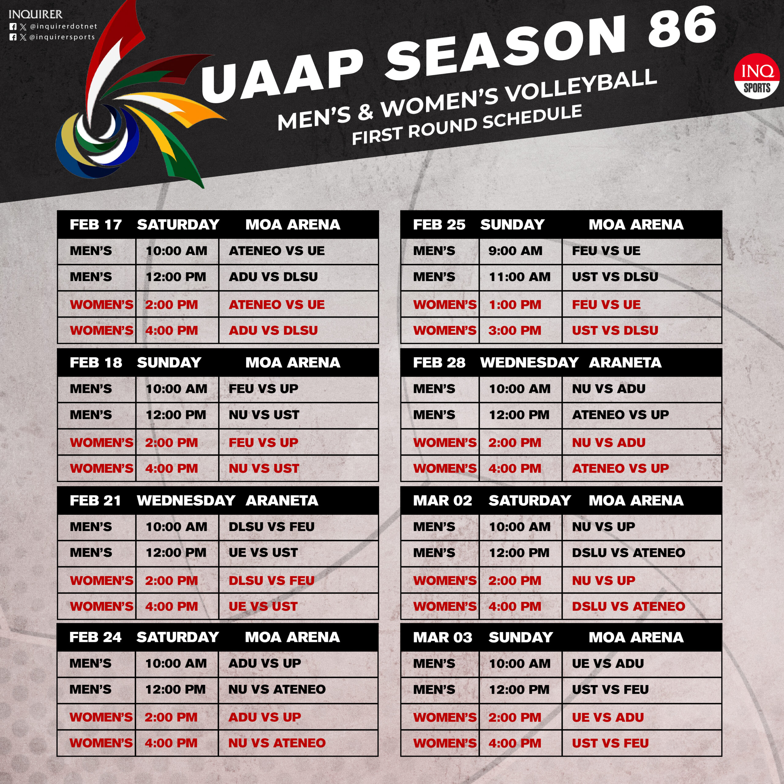 UAAP volleyball schedule UAAP Season 86 first round