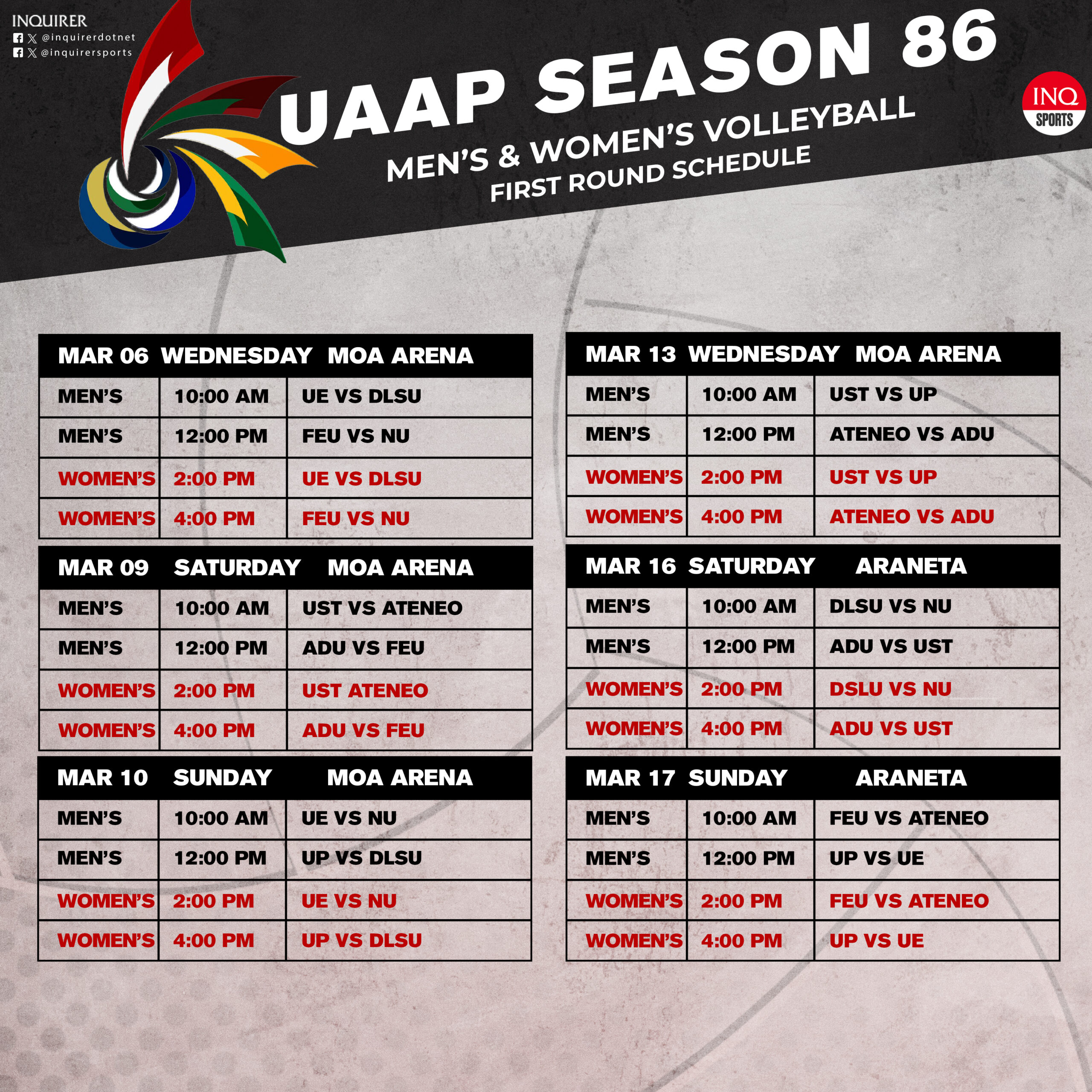 UAAP Season 86 men's and women's volleyball first-round schedule