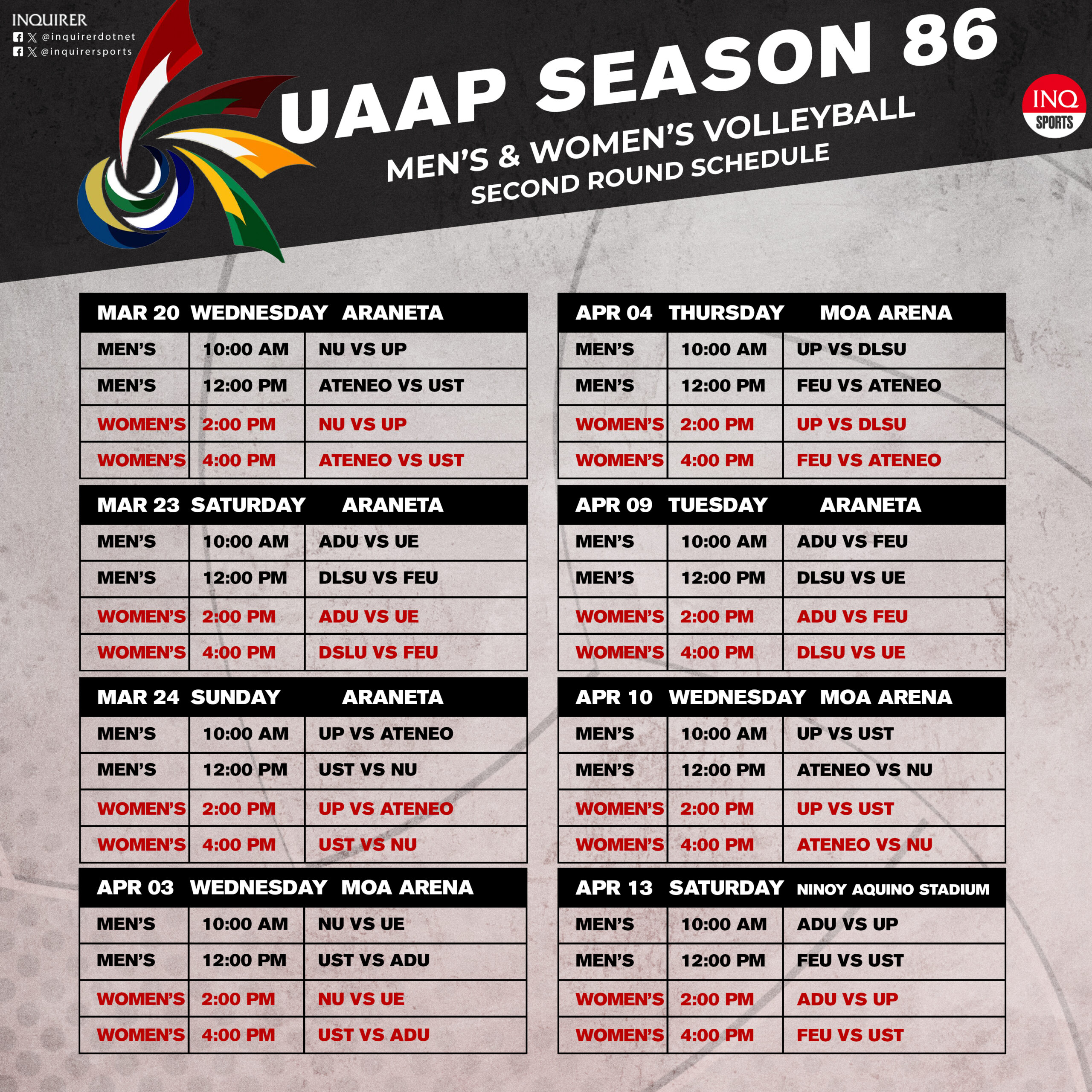 UAAP Season 86 men's and women's volleyball second-round schedule (full)
