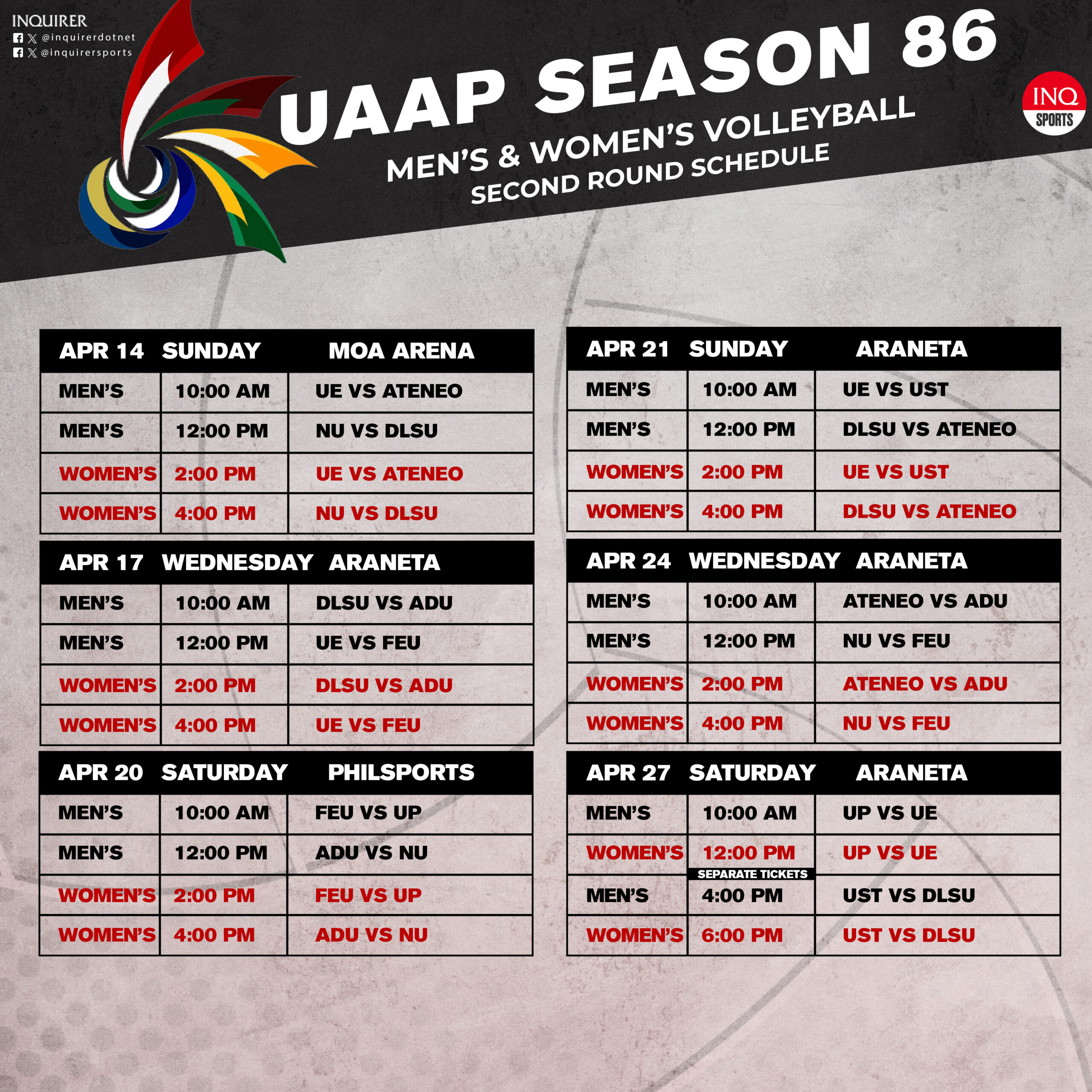 UAAP Season 86 men's and women's volleyball second-round schedule (full)