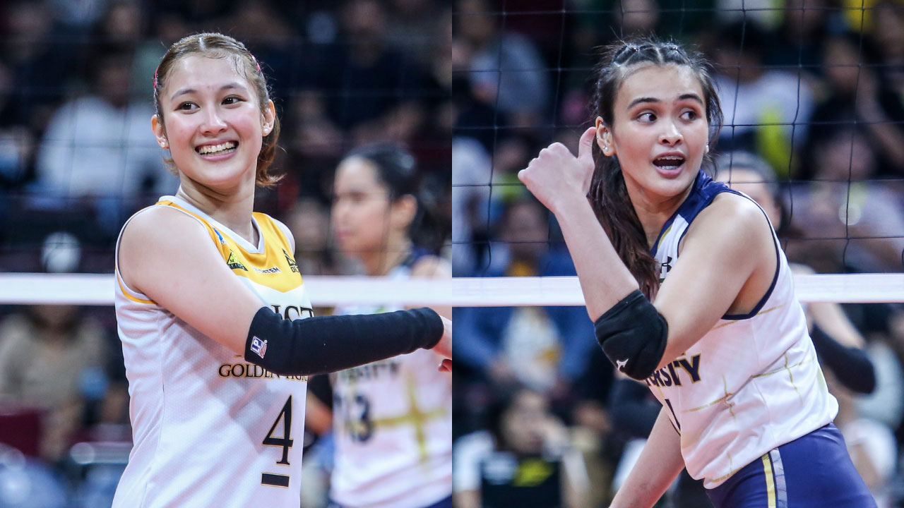 UST Tigresses' Detdet Pepito and NU Lady Bulldogs' Bella Belen in the UAAP Season 86 women's volleyball tournament