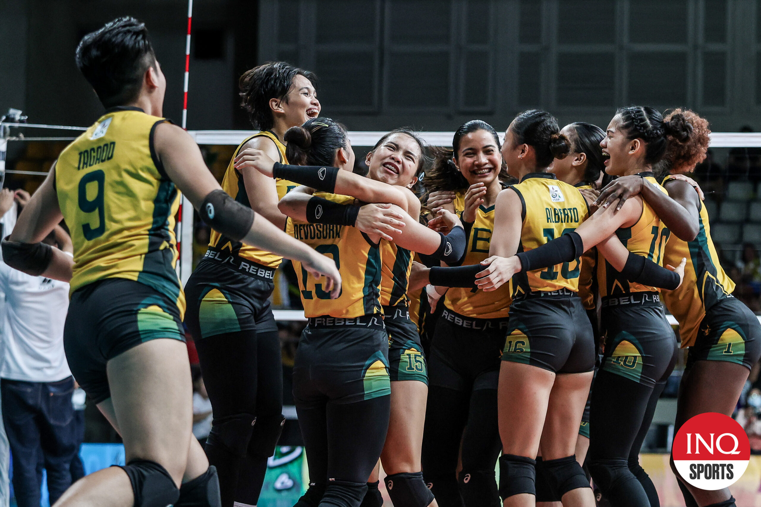 FEU Lady Tamaraws celebrate win over UST Tigresses in the UAAP Season 86 women's volleyball tournament