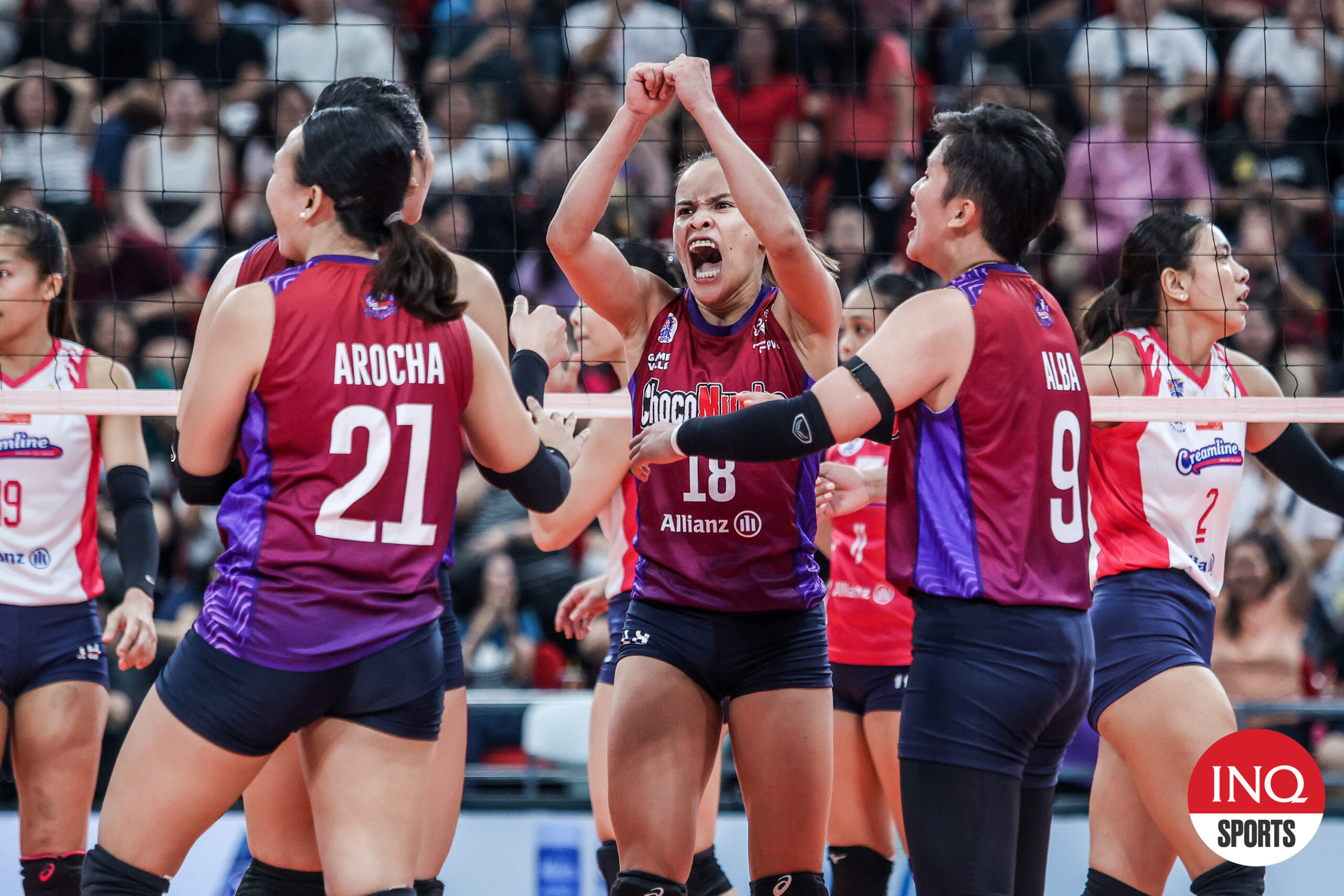 Sisi Rondina and Choco Mucho Flying Titans celebrate a point against Creamline Cool Smashers in the PVL All-Filipino Conference semifinals