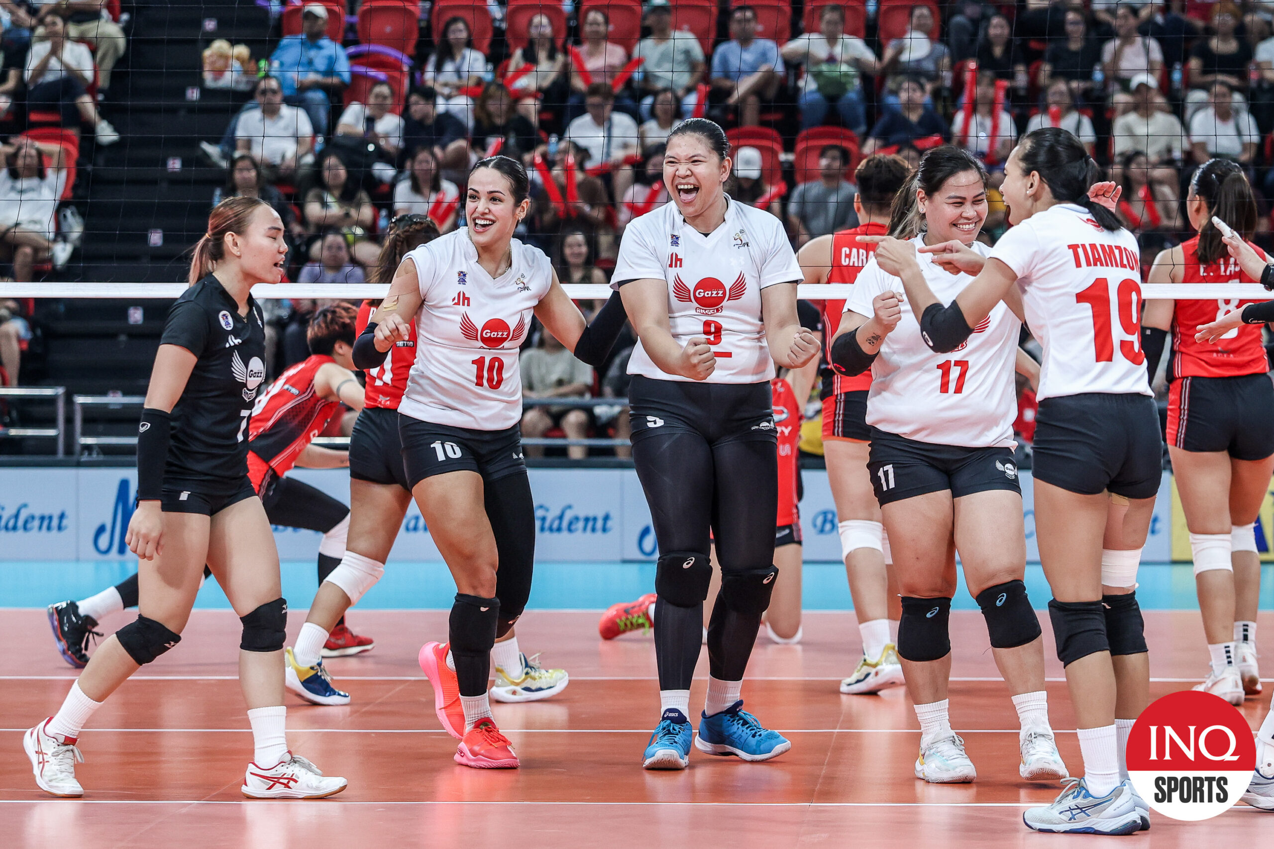 Petro Gazz Angels celebrate a point against Chery Tiggo Crossovers in the PVL All-Filipino Conference semifinals
