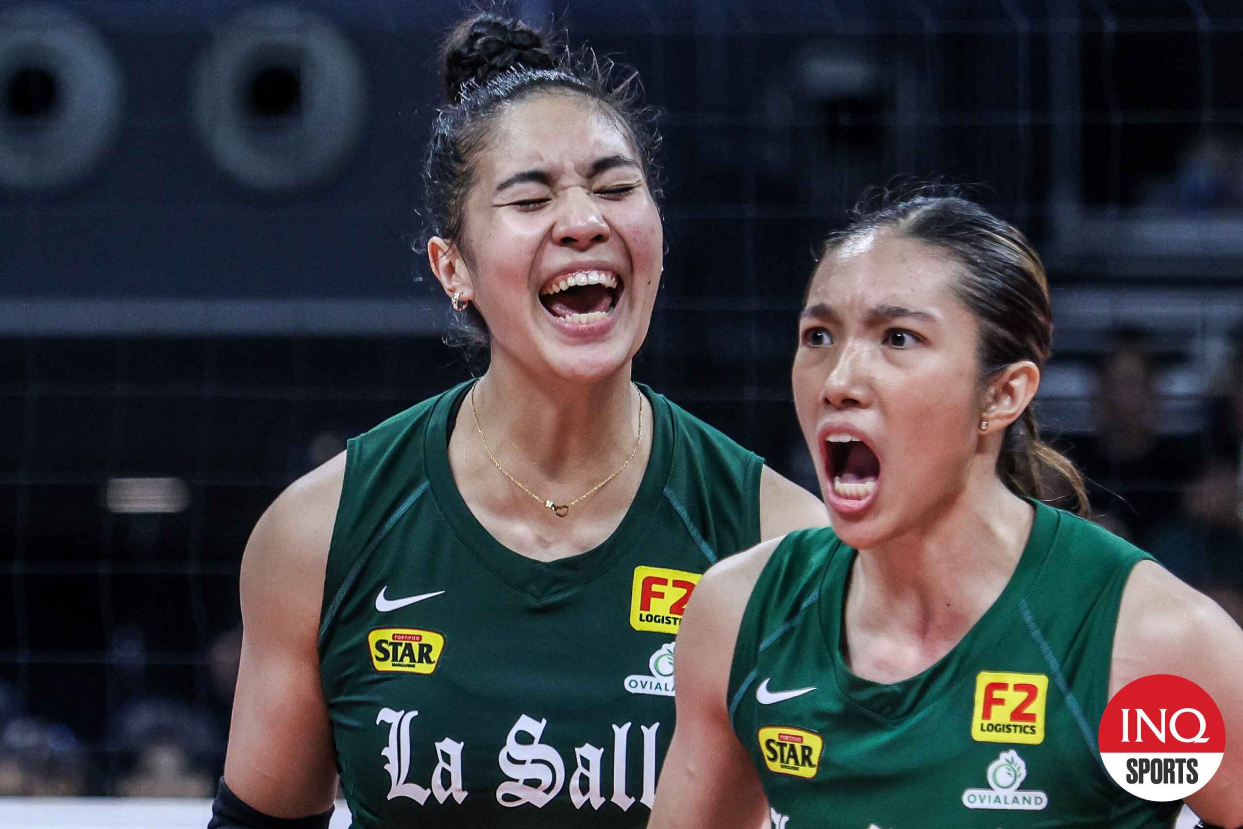 La Salle Lady Spikers' Shevana Laput and Julia Coronel in the UAAP Season 86 women's volleyball tournament