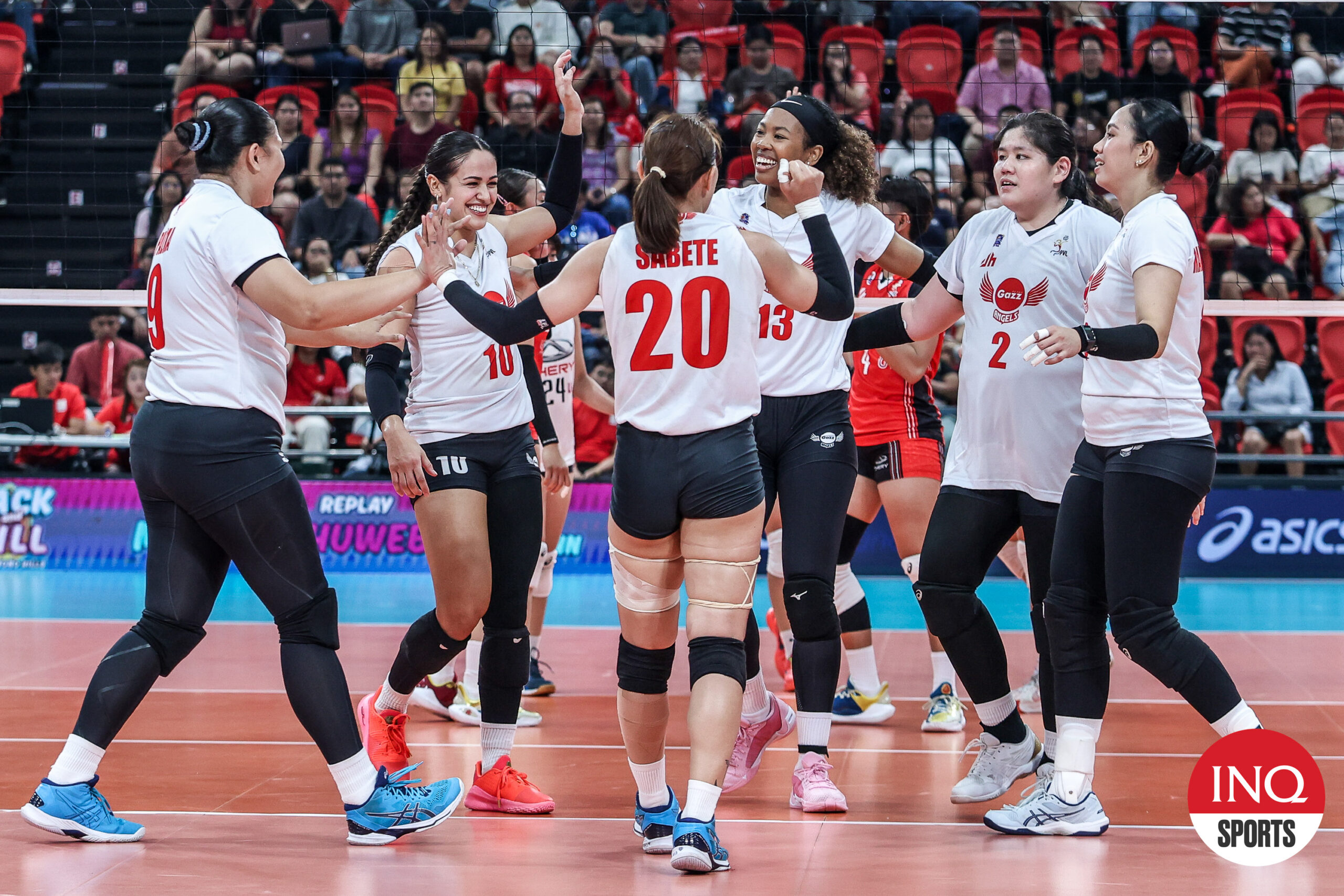 Petro Gazz Angels celebrate a point against Chery Tiggo Crossovers in the PVL All-Filipino Conference semifinals. 