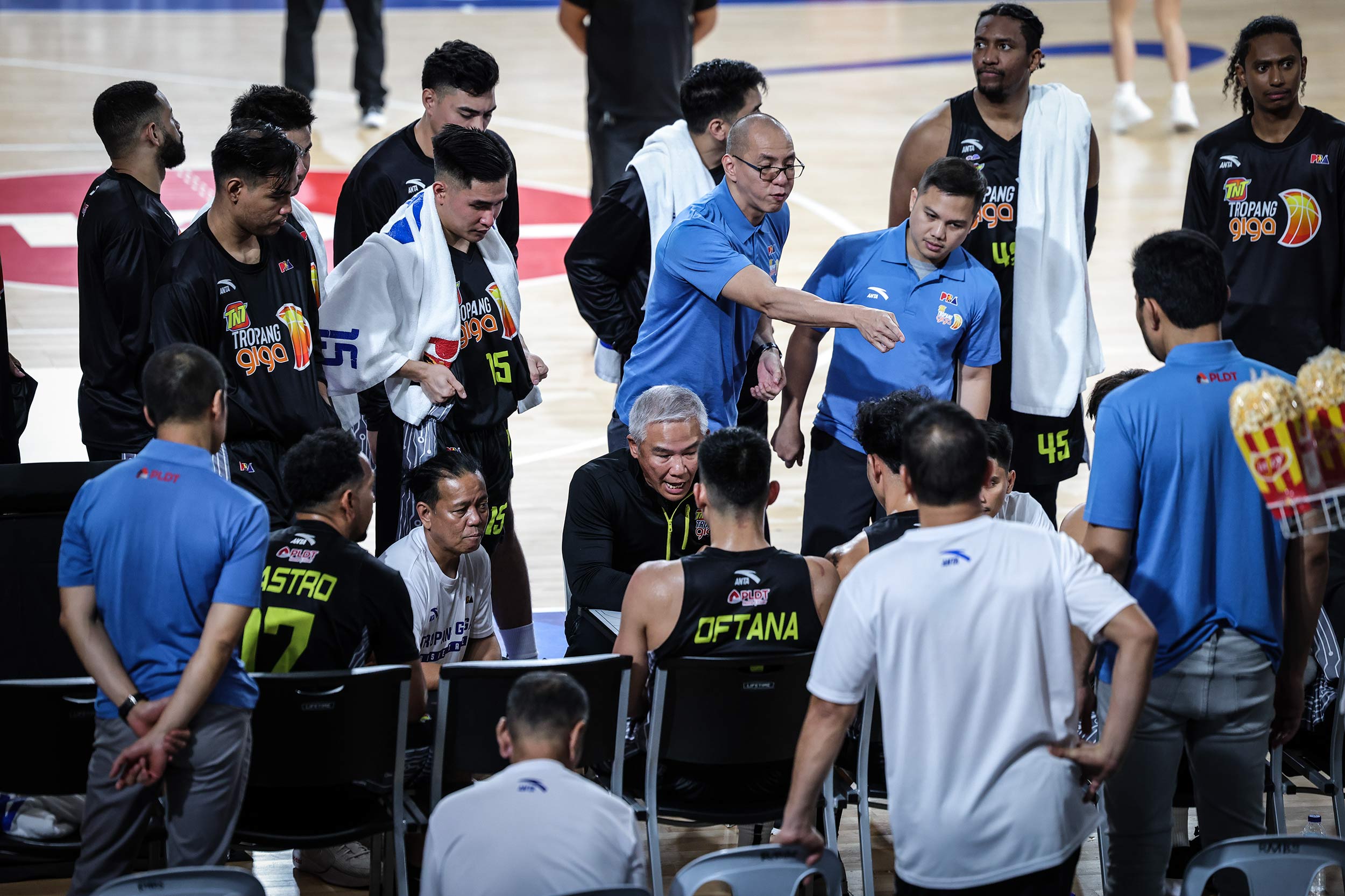 TNT Tropang Giga coach Chot Reyes during a huddle in a PBA Philippine Cup game.