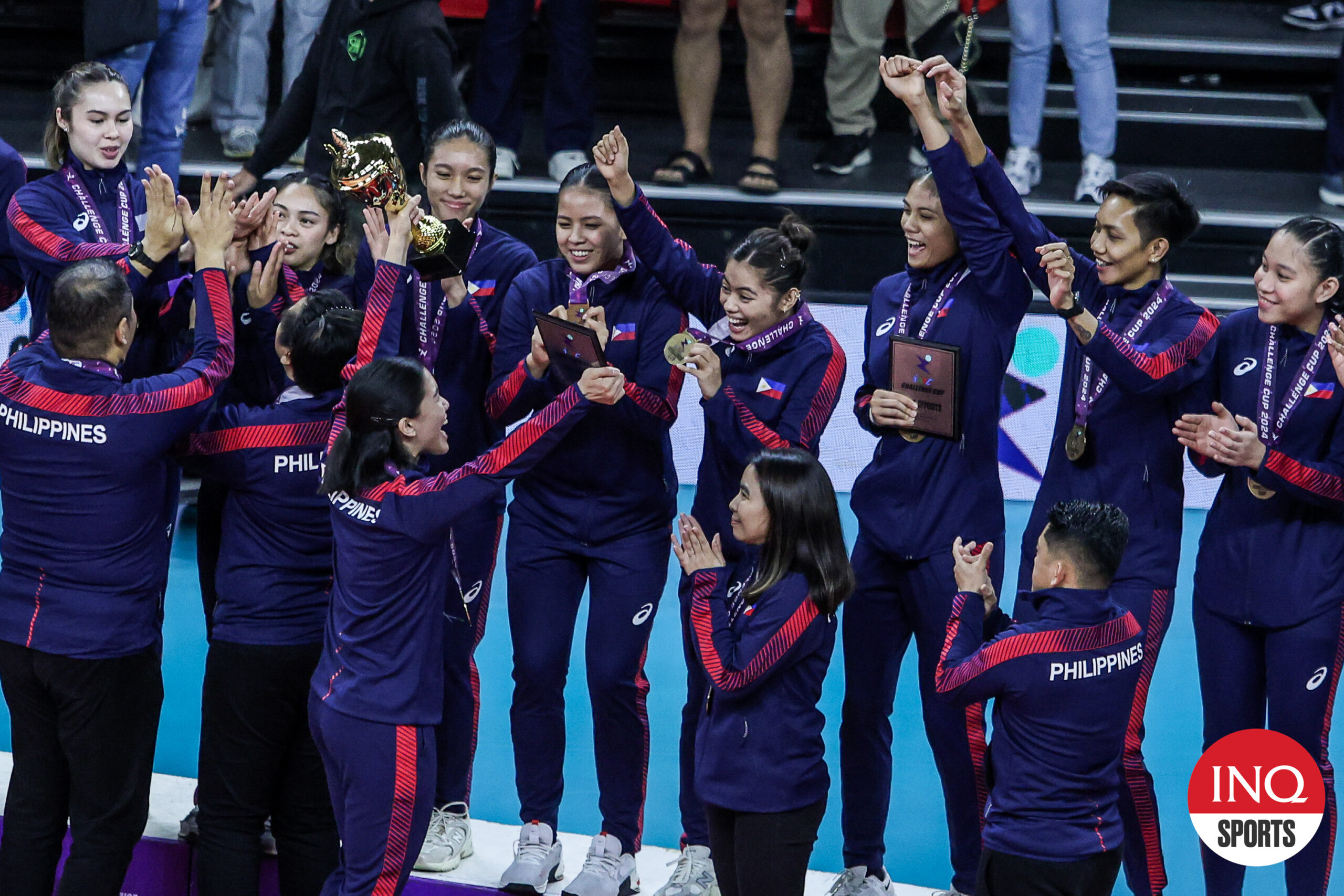 Alas Pilipinas players celebrate after beating Australia again to claim the bronze medal in the AVC Challenge Cup 2024