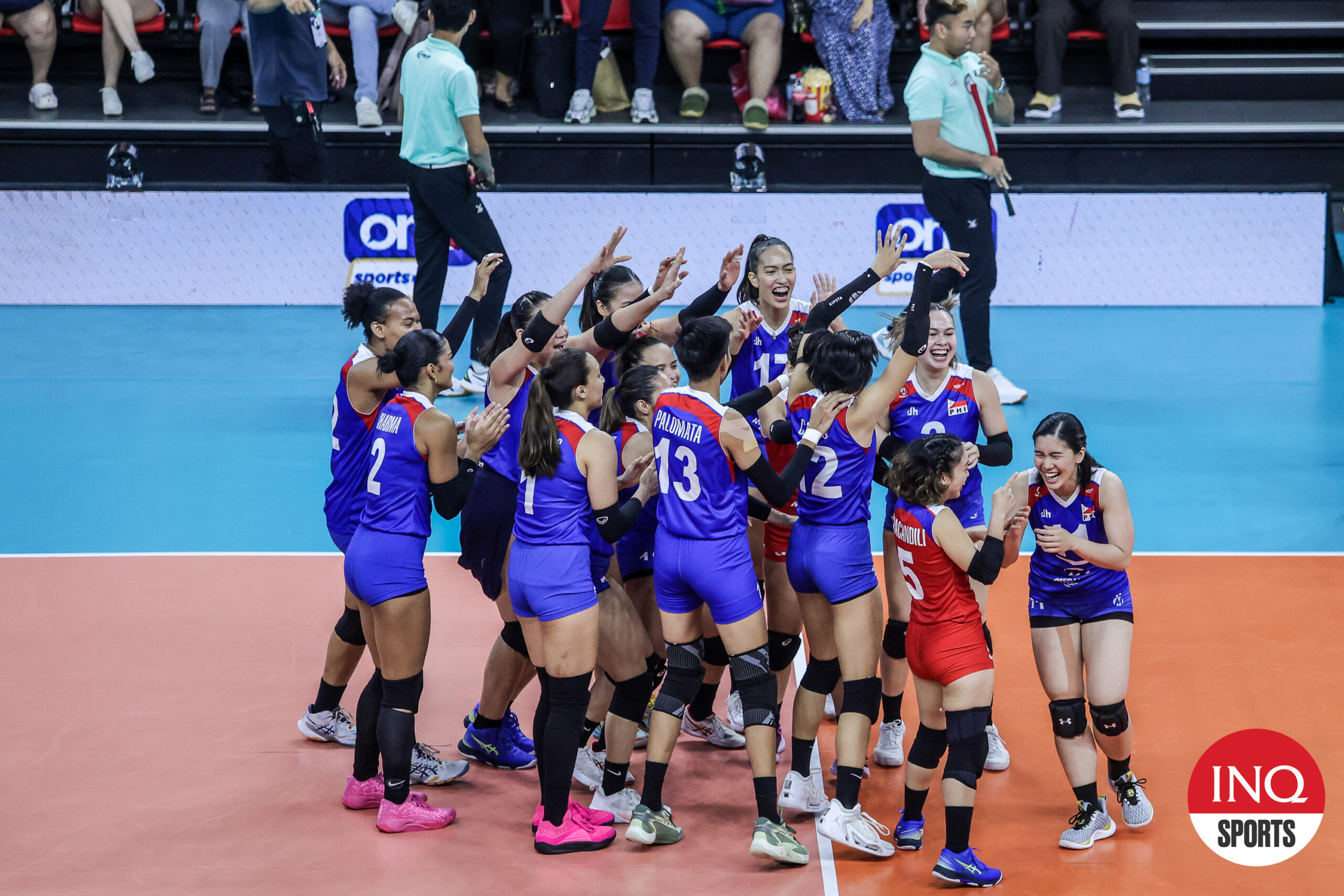 Alas Pilipinas players celebrate after being Australia again to claim the bronze medal in the AVC Challenge Cup 2024.