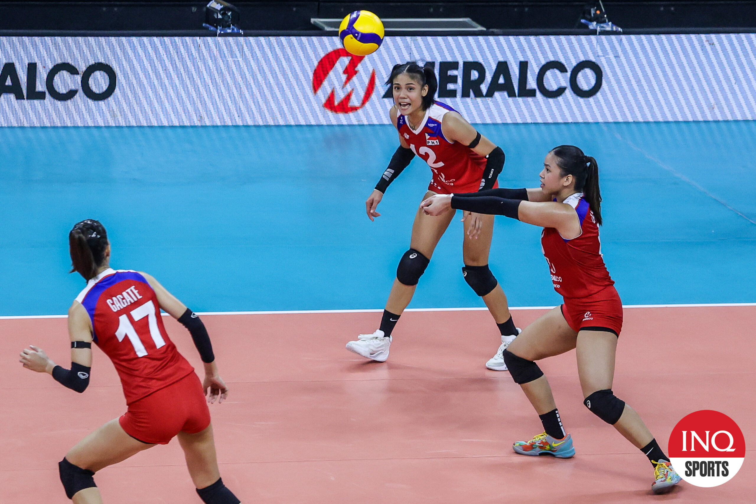 Alas Pilipinas' Eya Laure and Angel Canino during the AVC Challenge Cup game against India
