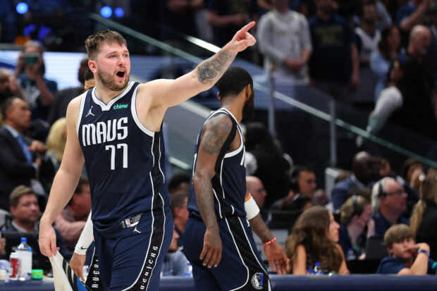 Luka Doncic of the Dallas Mavericks reacts after fouling out in the fourth quarter against the Boston Celtics in Game Three of the 2024 NBA Finals at American Airlines Center on June 12, 2024 in Dallas, Texas. 