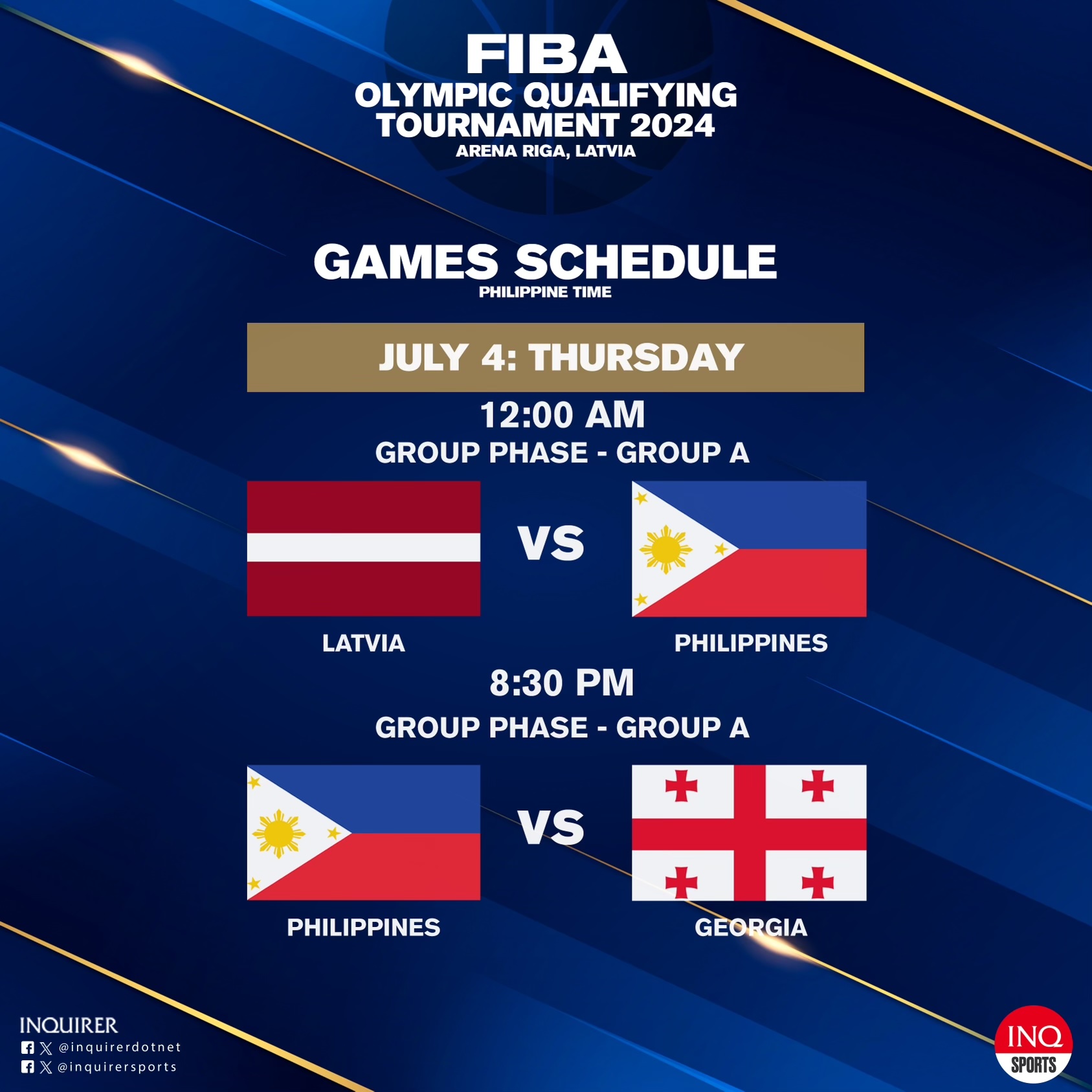 Grupas spēļu grafiks Gilas Pilipinas izlasei, FIBA laiks vai QT (Filipīnu laiks)