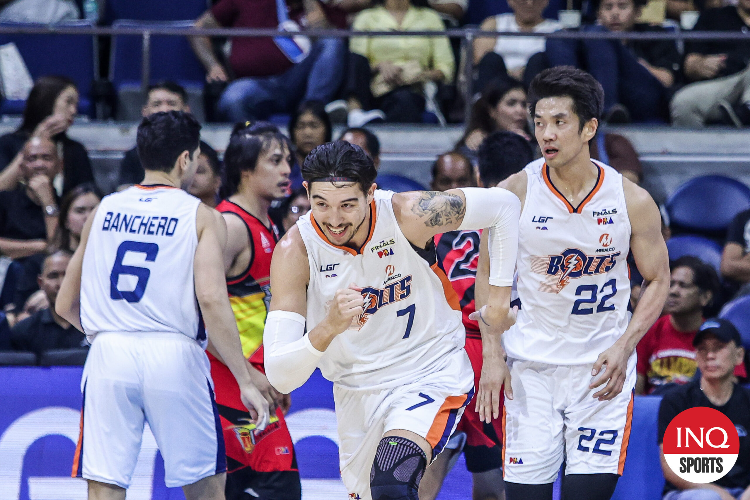 Meralco Bolts' Cliff Hodge, Allein Maliksi and Raymond Almazan during Game 5 of the PBA Philippine Cup Finals against San Miguel Beermen