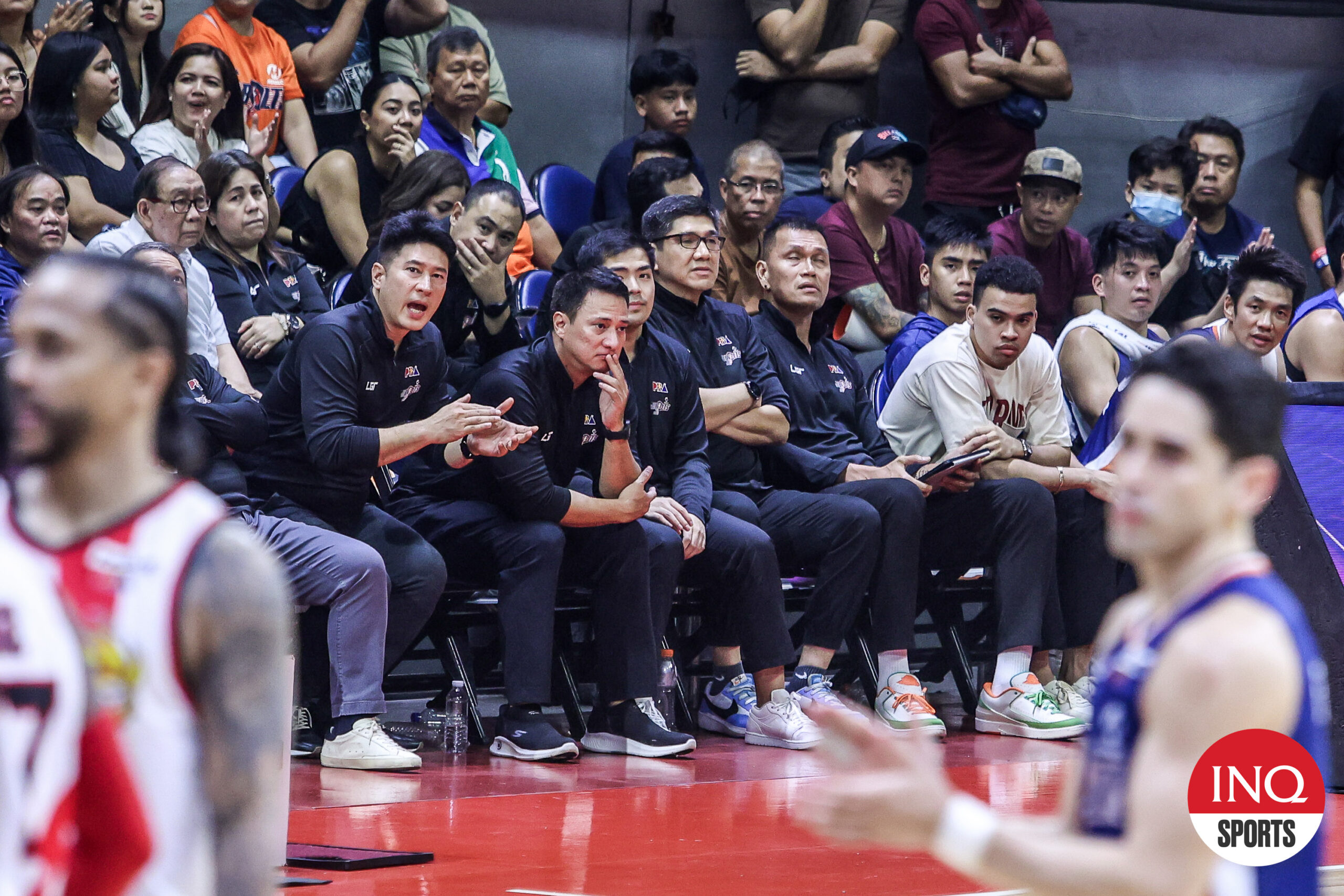 Coach Luigi Trillo at the Meralco Bolts' bench during the PBA Philippine Cup Finals against San Miguel Beermen.