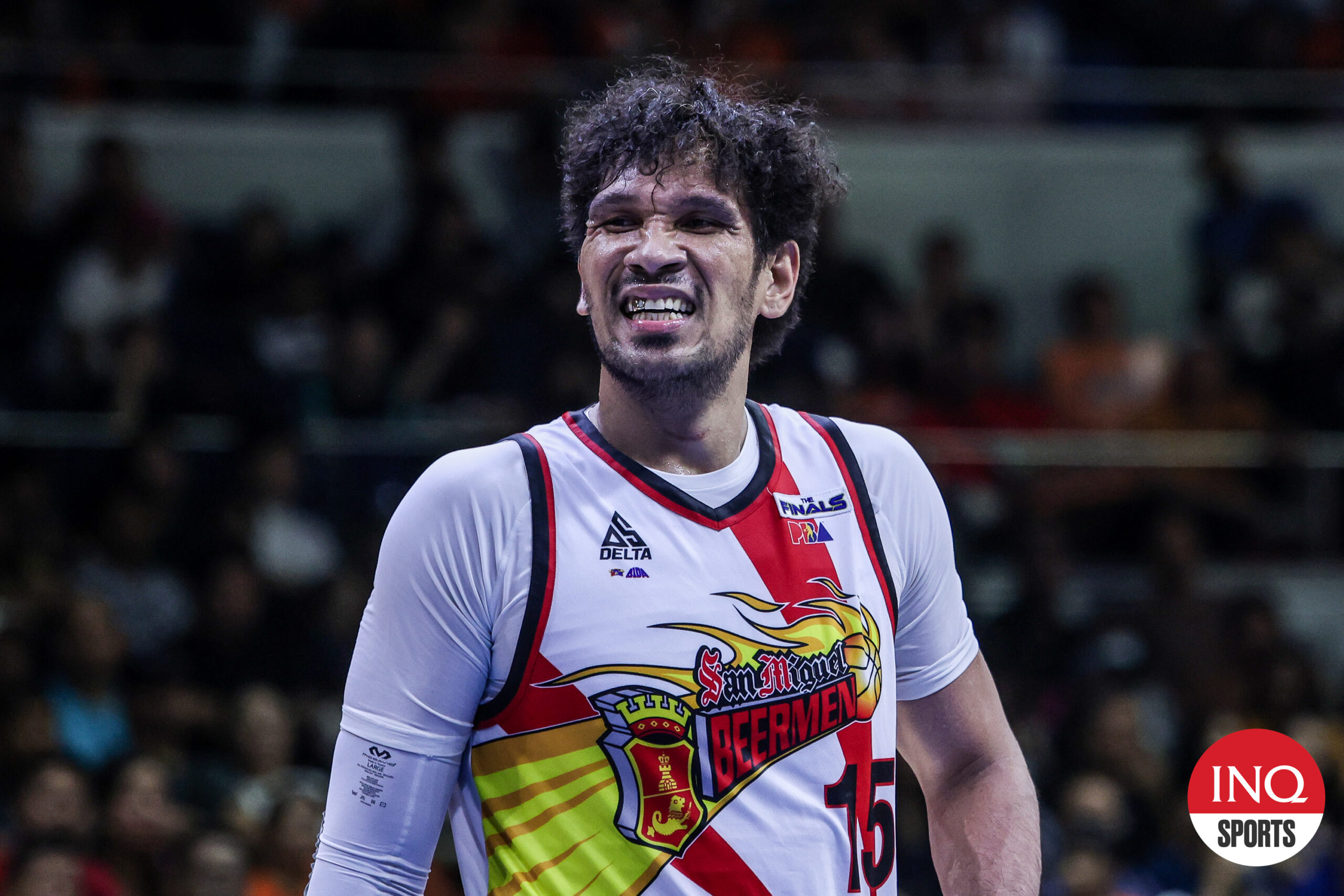 San Miguel Beermen center June Mar Fajardo steers his team in Game 4 of the PBA Philippine Cup Finals against Meralco Bolts.