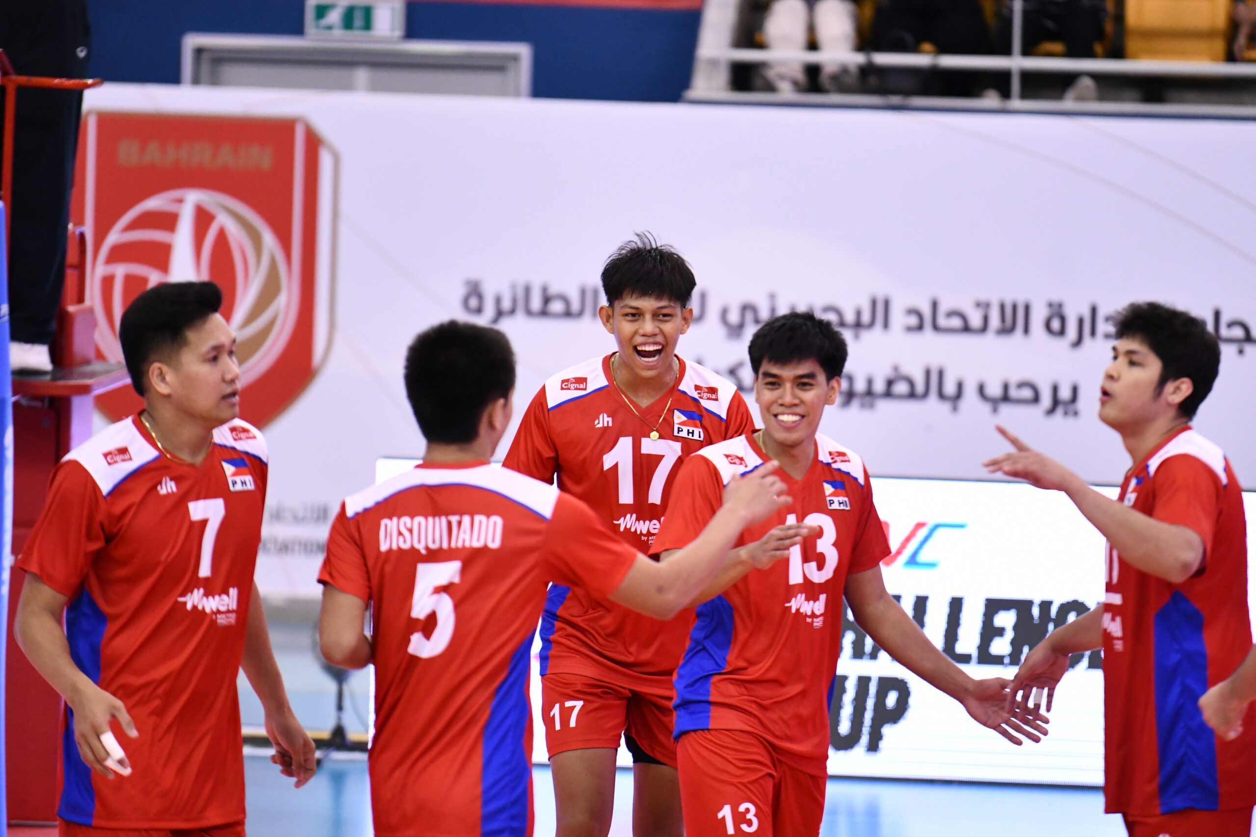 Alas Pilipinas men's team celebrates a point against Indonesia in the AVC Challenge Cup for Men 2024.