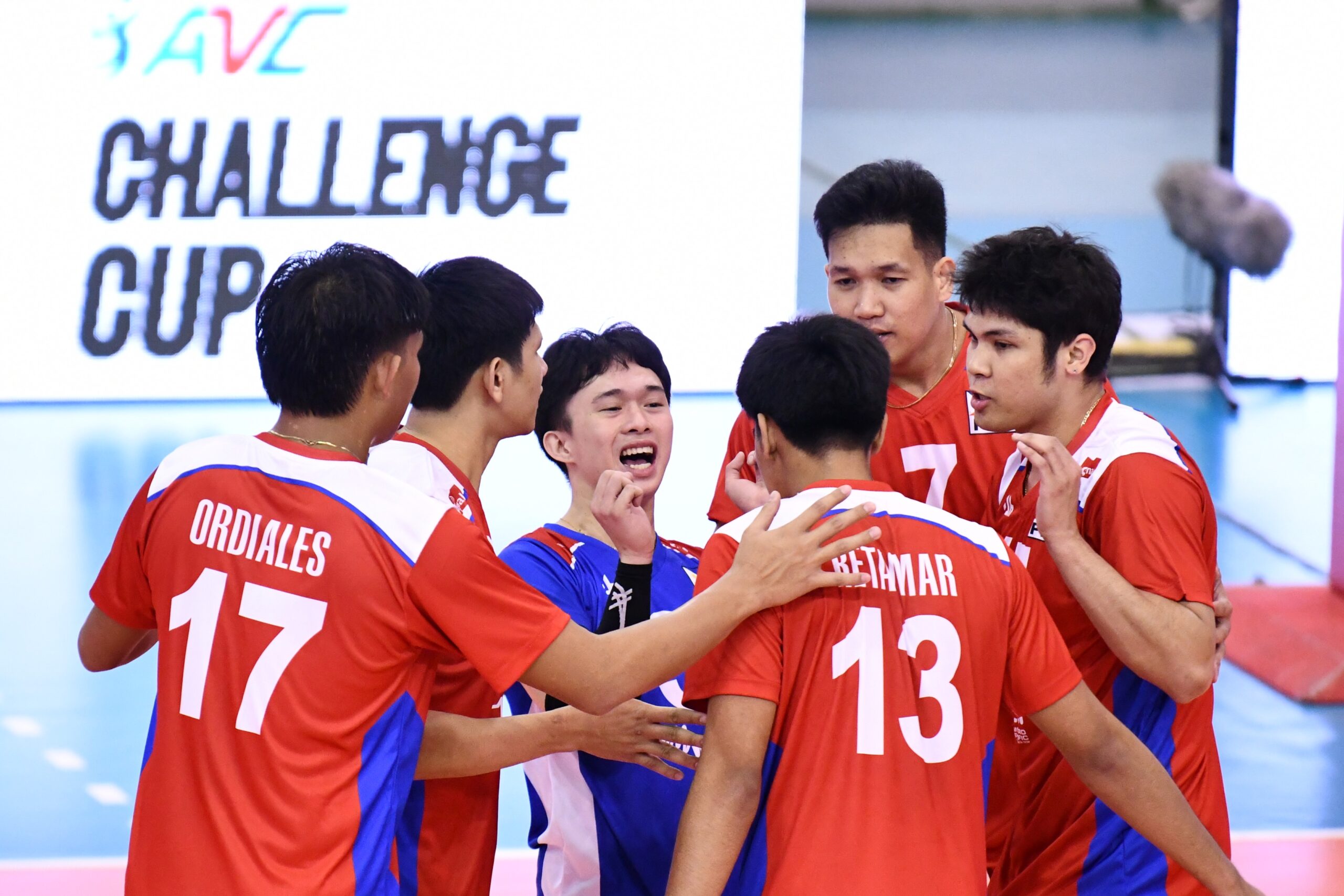 Alas Pilipinas men's team celebrates a point against Indonesia in the AVC Challenge Cup for Men 2024.