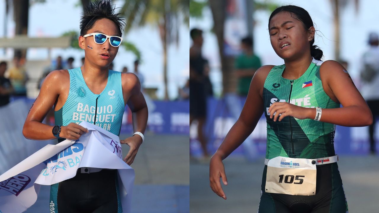 Euan Ramos and Eleora Avanzado crossing the finish line at the Choco Hero Ironkids 2024.