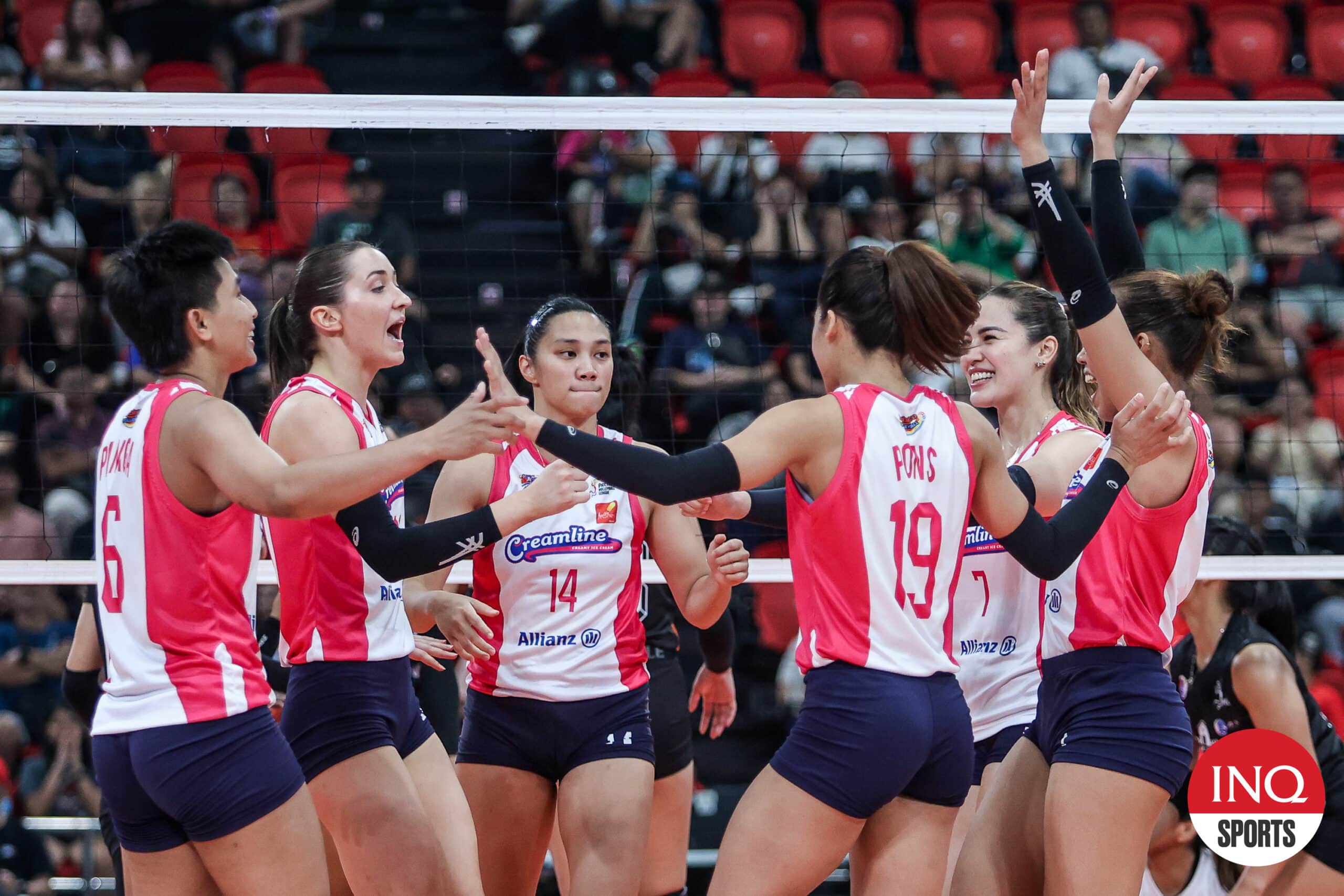 Creamline Cool Smashers celebrate a point against Farm Fresh Foxies in the PVL Reinforced Conference. 