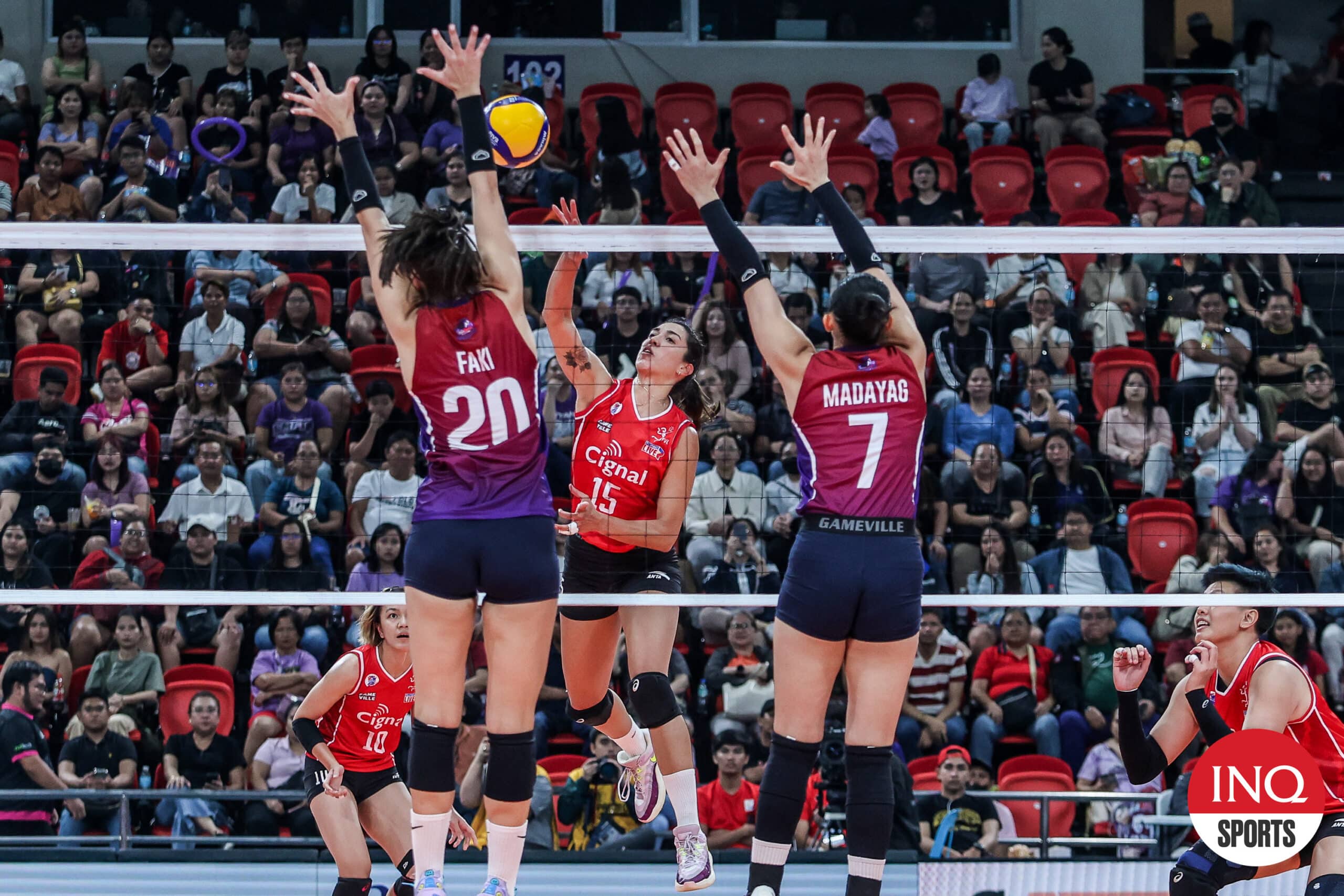 Cignal HD Spikers import MJ Perez against Choco Mucho defenders in the PVL Reinforced Conference.