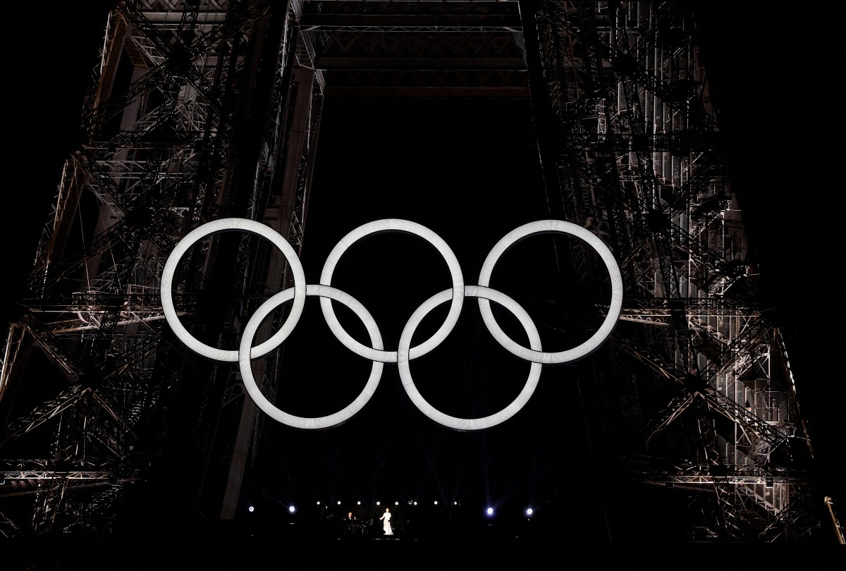 Canadian singer Celine Dion performs on the Eiffel Tower during the opening ceremony of the Paris Olympics in Paris on July 26, 2024.