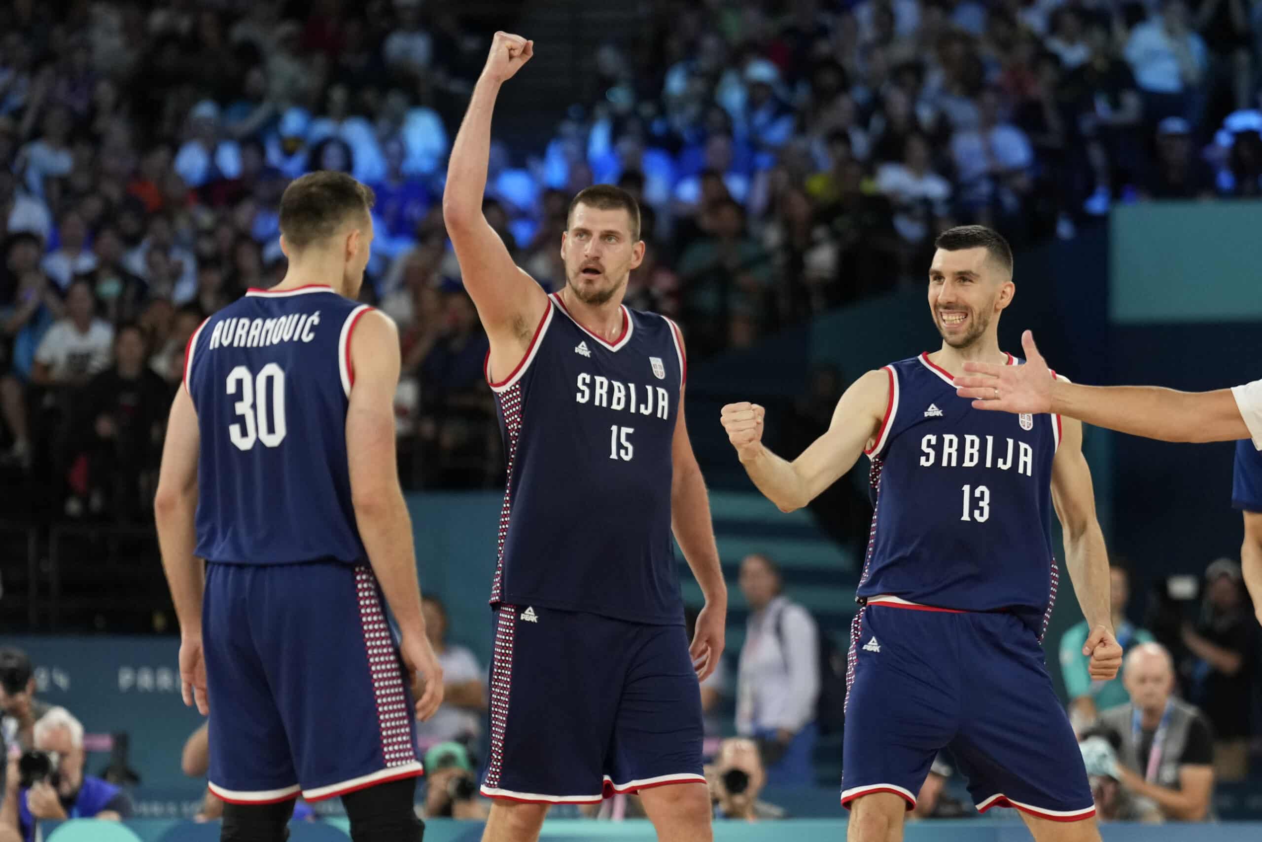 Aleksa Avramovic (30), Nikola Jokic (15), and Ognjen Dobric Paris Olympics Basketball