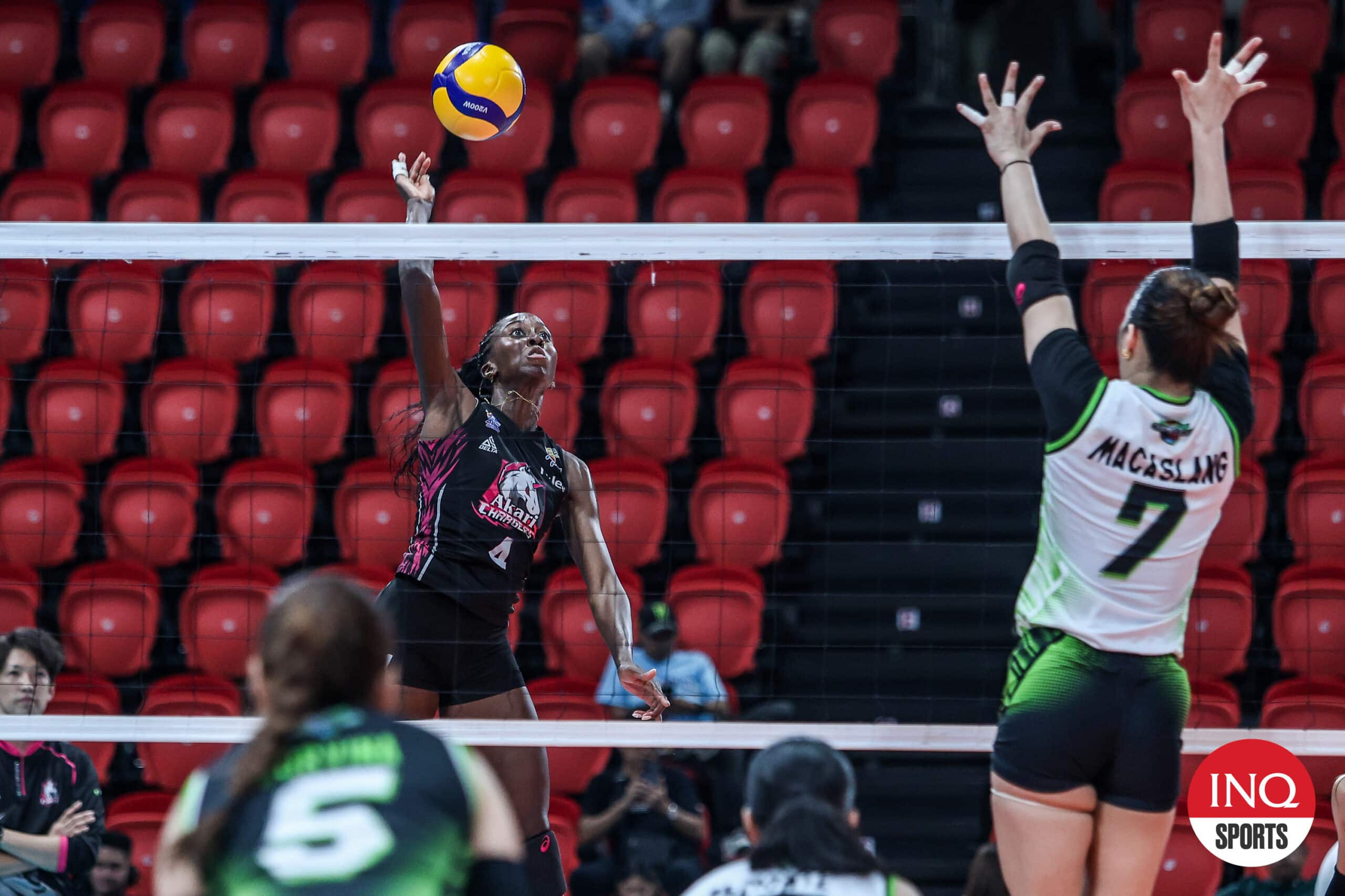 Akari Chargers' Oly Okaro against Nxled Chameleons in the PVL Reinforced Conference.