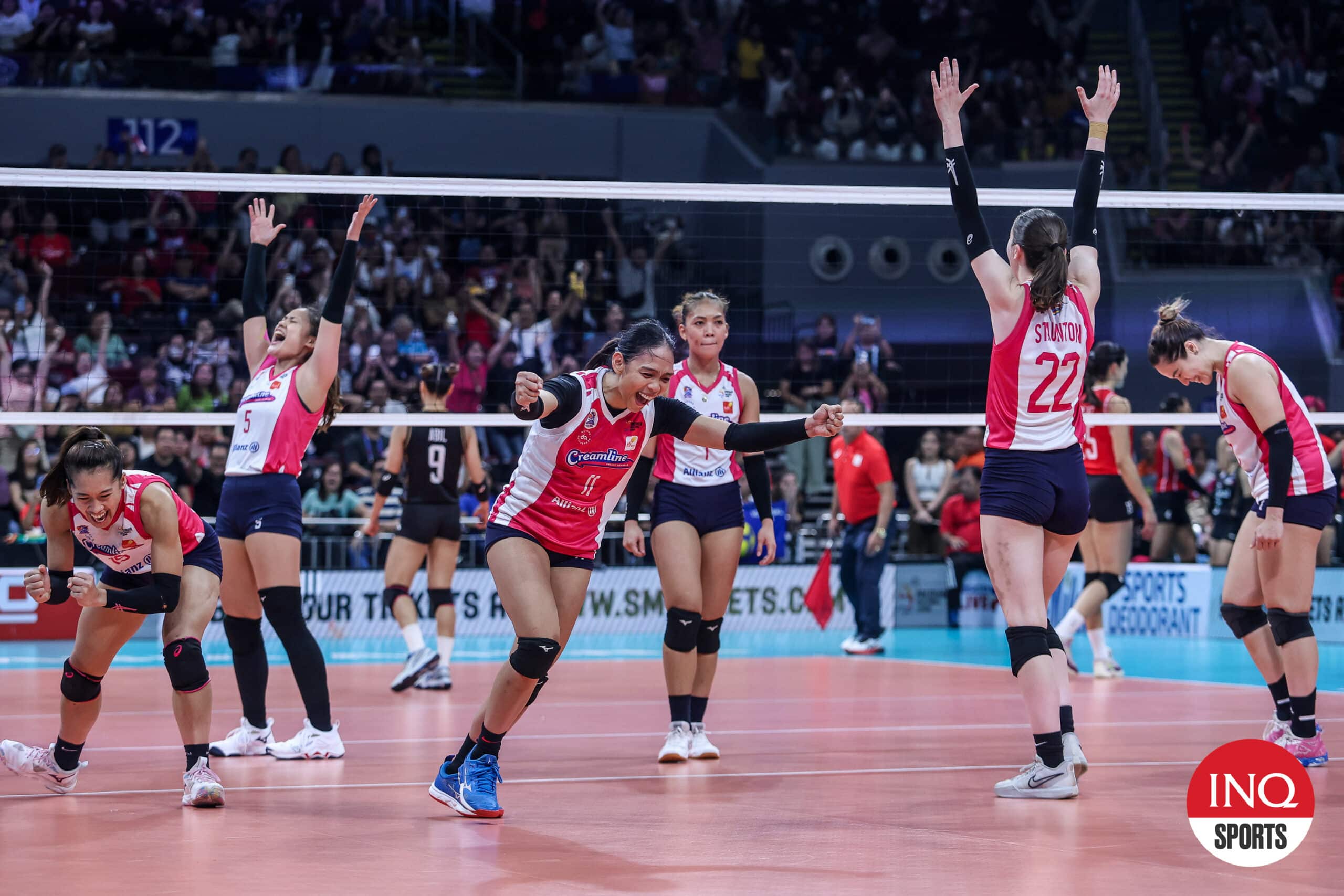 The Creamline Cool Smashers celebrate their victory after defeating the Signal HD Spikers in the PVL Reinforced Conference Semifinals.