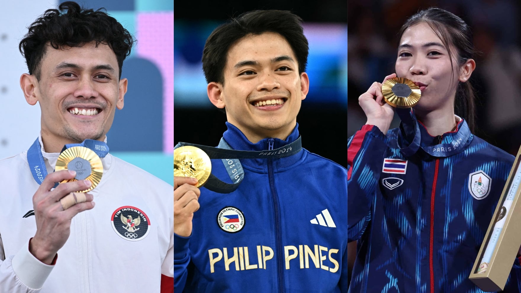 Southeast Asia gold medalists in the Paris Olympics: Indonesia's Veddriq Leonardo, Philippines' Carlos Yulo and Thailand's Panipak Wongpattanakit. –AFP FILE PHOTOS 