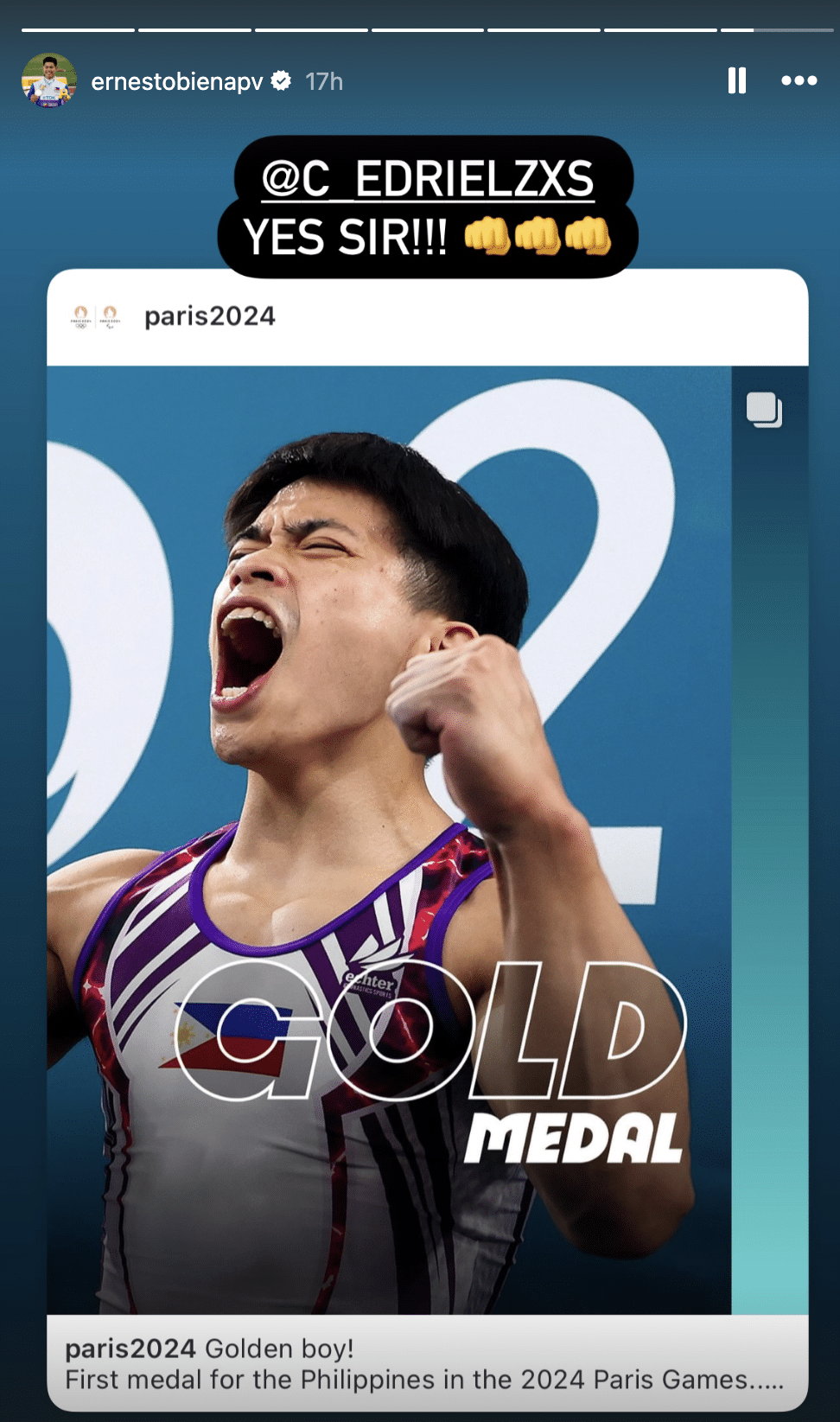 EJ Obiena, who is still competing in the Paris Olympics men's pole vault, congratulates Carlos Yulo on the gold medal win