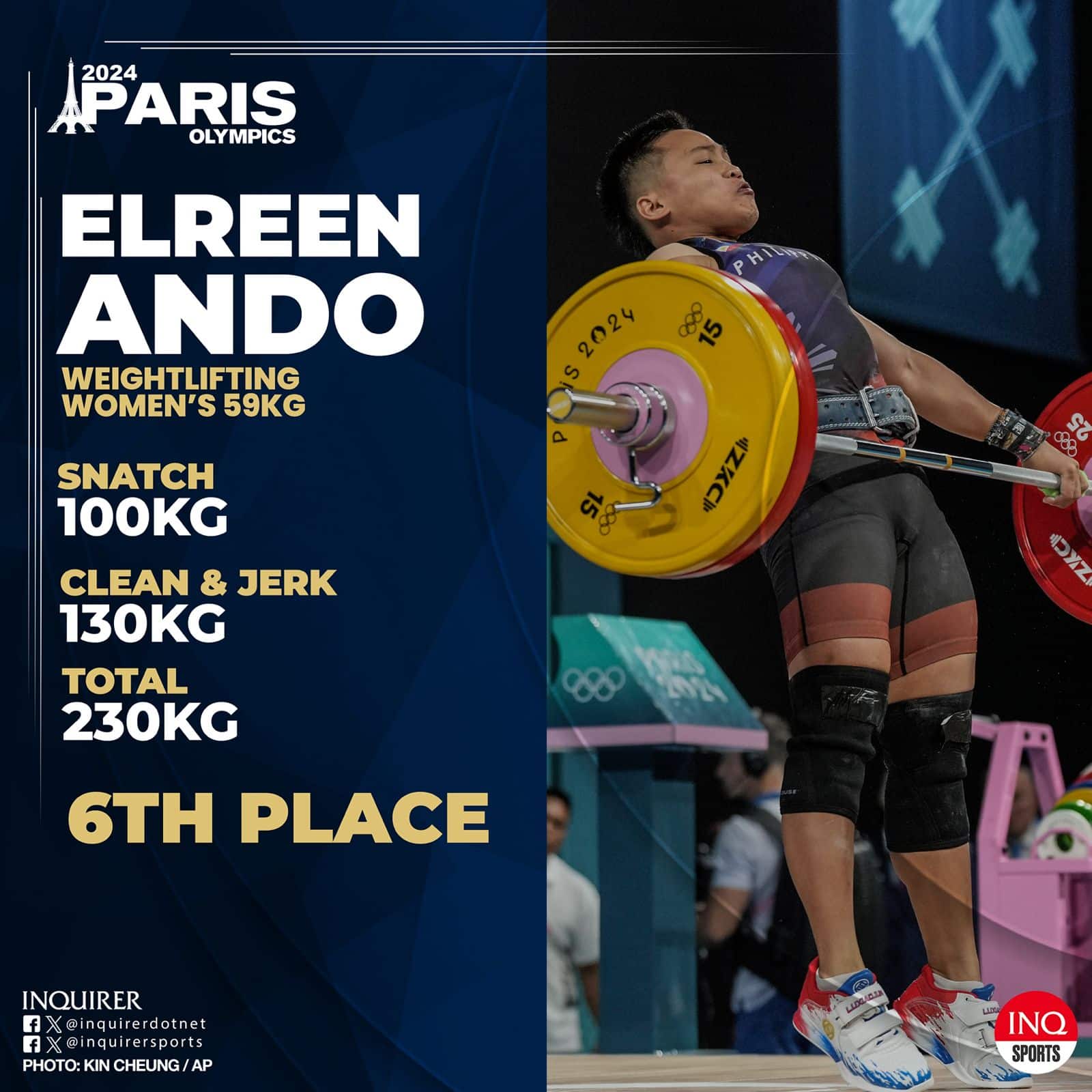 Actuación de Elreen Ando en la competición de levantamiento de pesas femenino de 59 kg de los Juegos Olímpicos de París 2024.