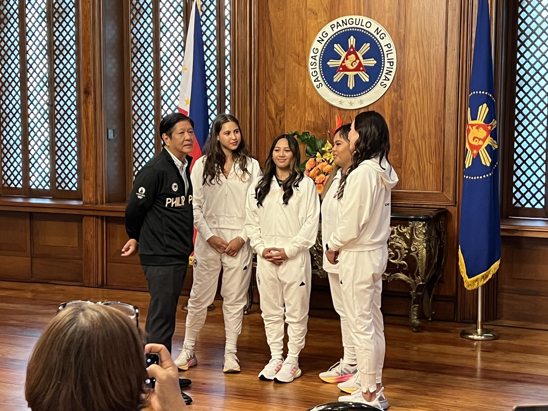 President Ferdinand Marcos Jr. Dottie Ardina, Aleah Finnegan, Emma Malabuyo and Levi Jung-Ruivivar Paris Olympics 2024 