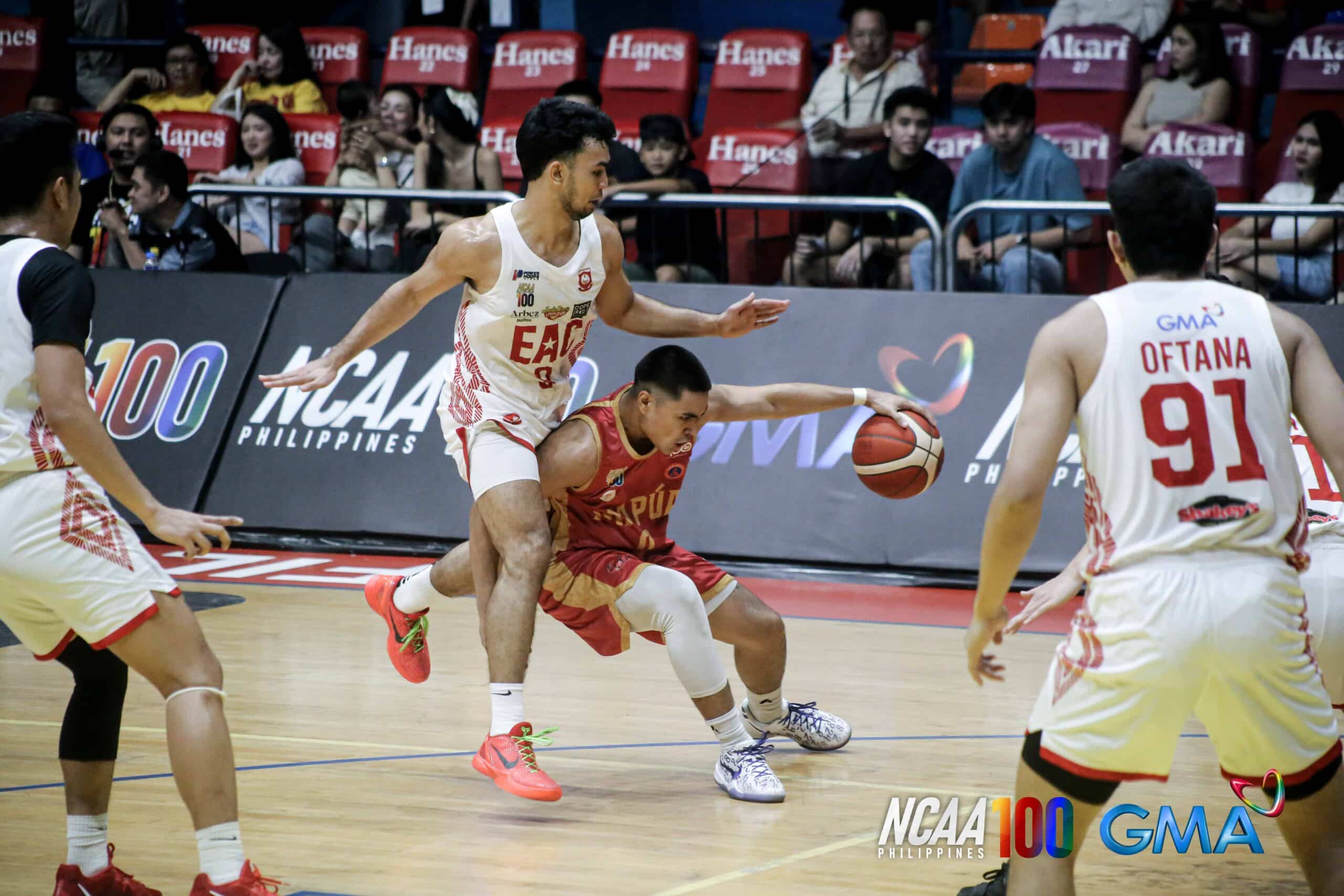 Mapua Cardinals' Clint Ecsamis against EAC Generals' Harvey Pagsanjan during an NCAA Season 100 game