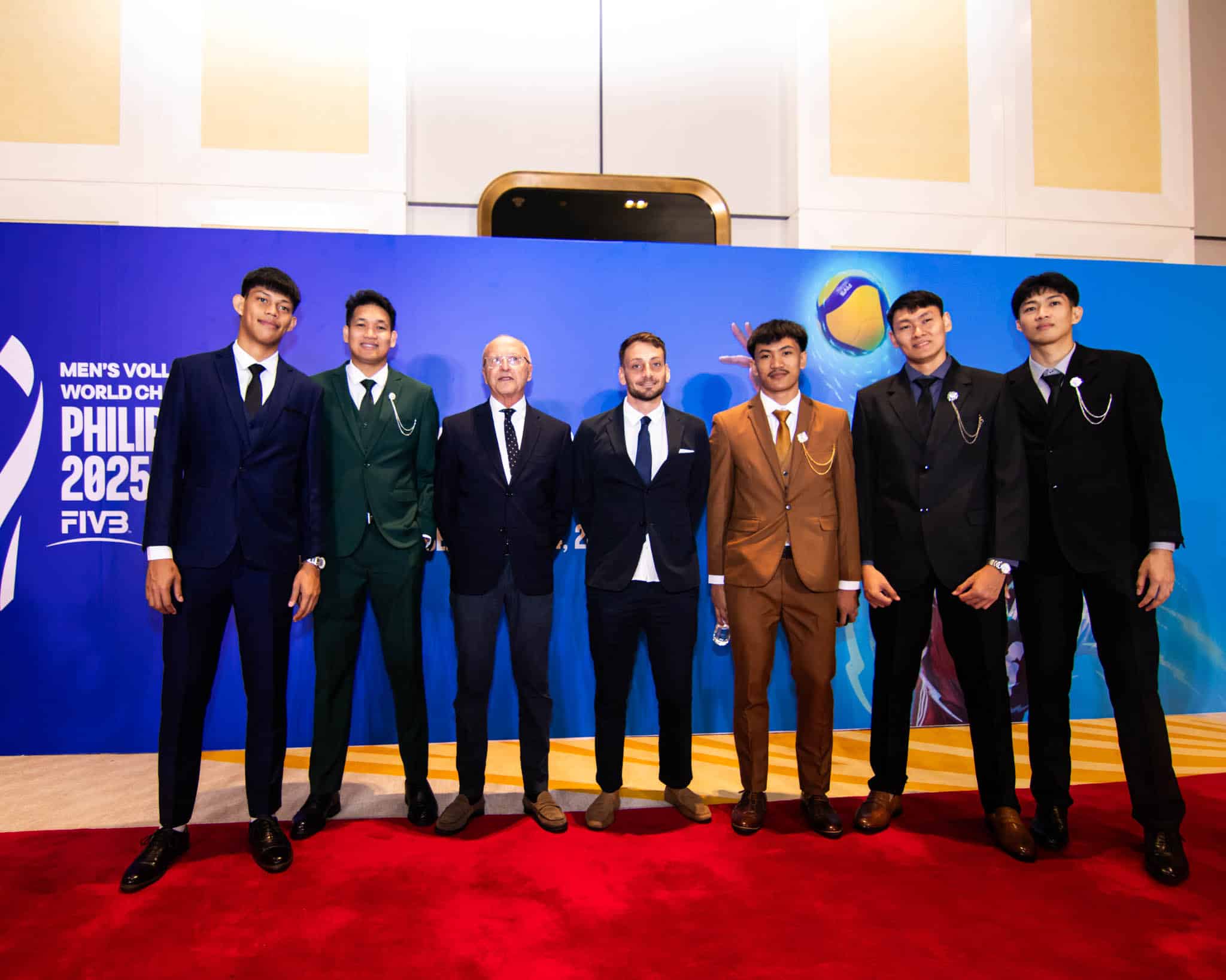 Members of the Alas Pilipinas men's volleyball team along with coach Angiolino Frigoni during the FIVB Men’s Volleyball World Championship draw