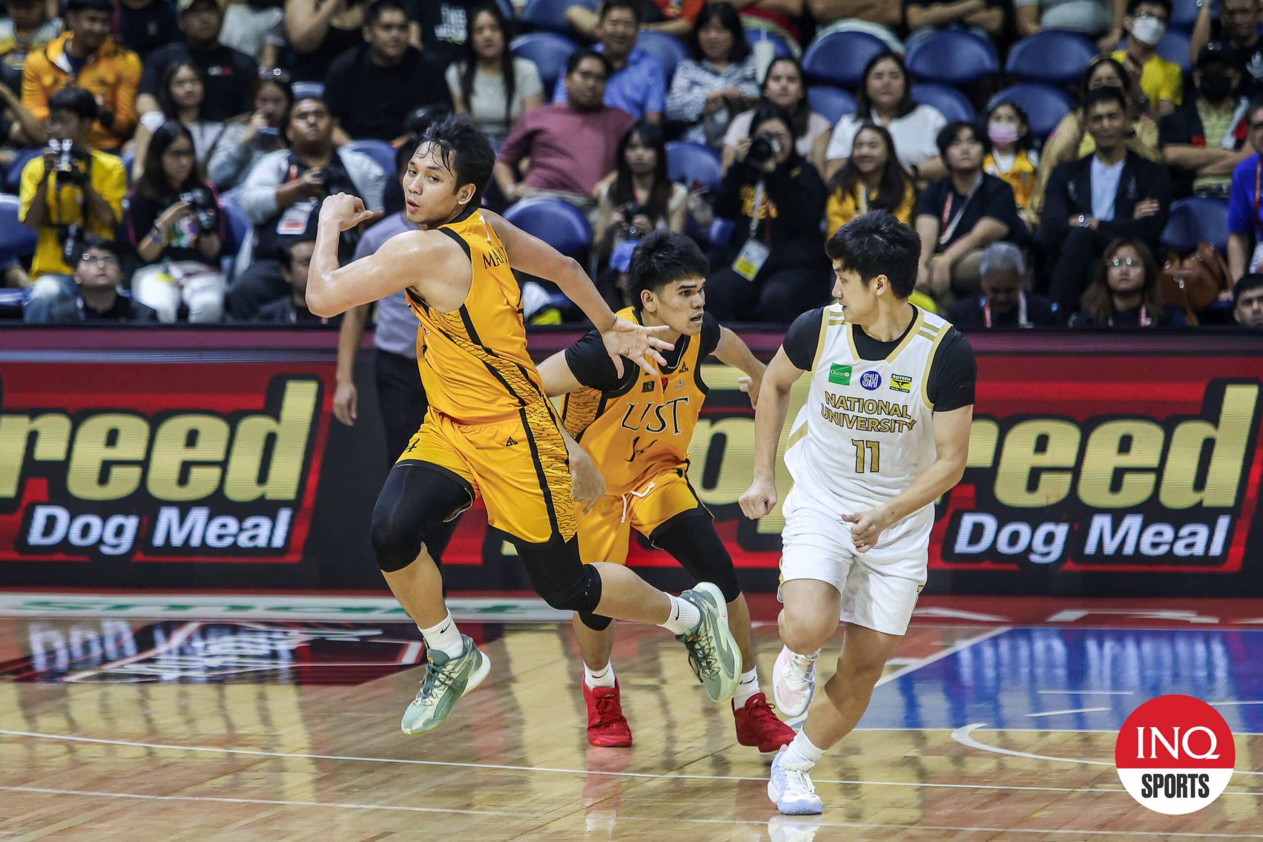 توجه كريستيان مانايتاي ونيك كابانييرو إلى مقاعد البدلاء لفريق UST Growling Tigers خلال مباراة كرة السلة للرجال في الموسم 87 من UAAP.