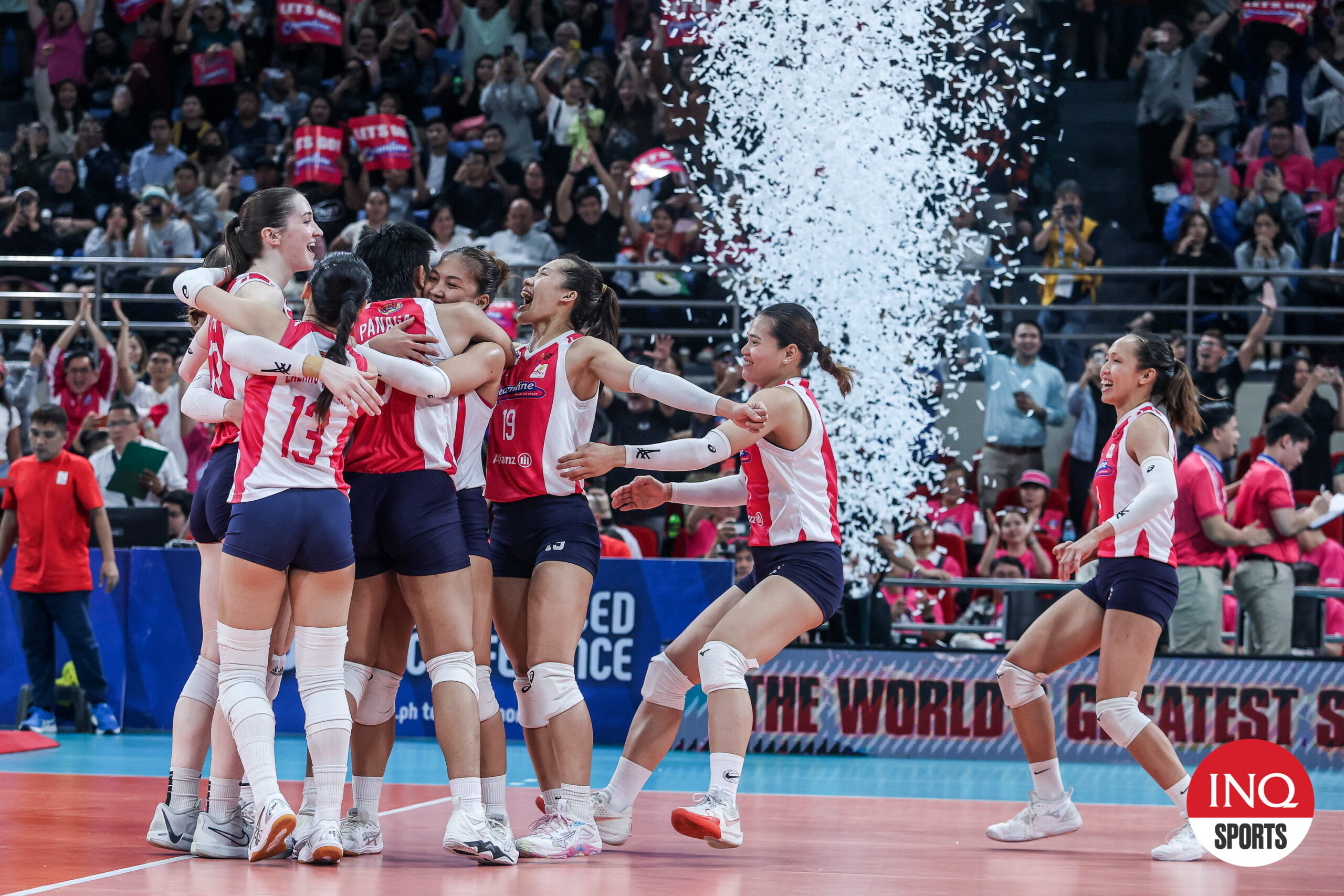 Creamline Cool Smashers celebrate their ninth championship in the PVL after beating Akari Chargers for the Reinforced crown.