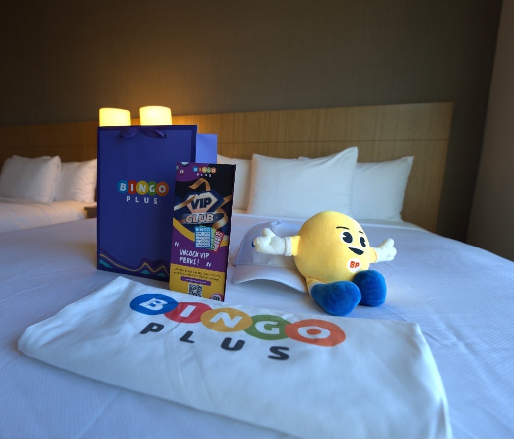 BingoPlus VIP Club merch, including a BingBing stuffed toy.