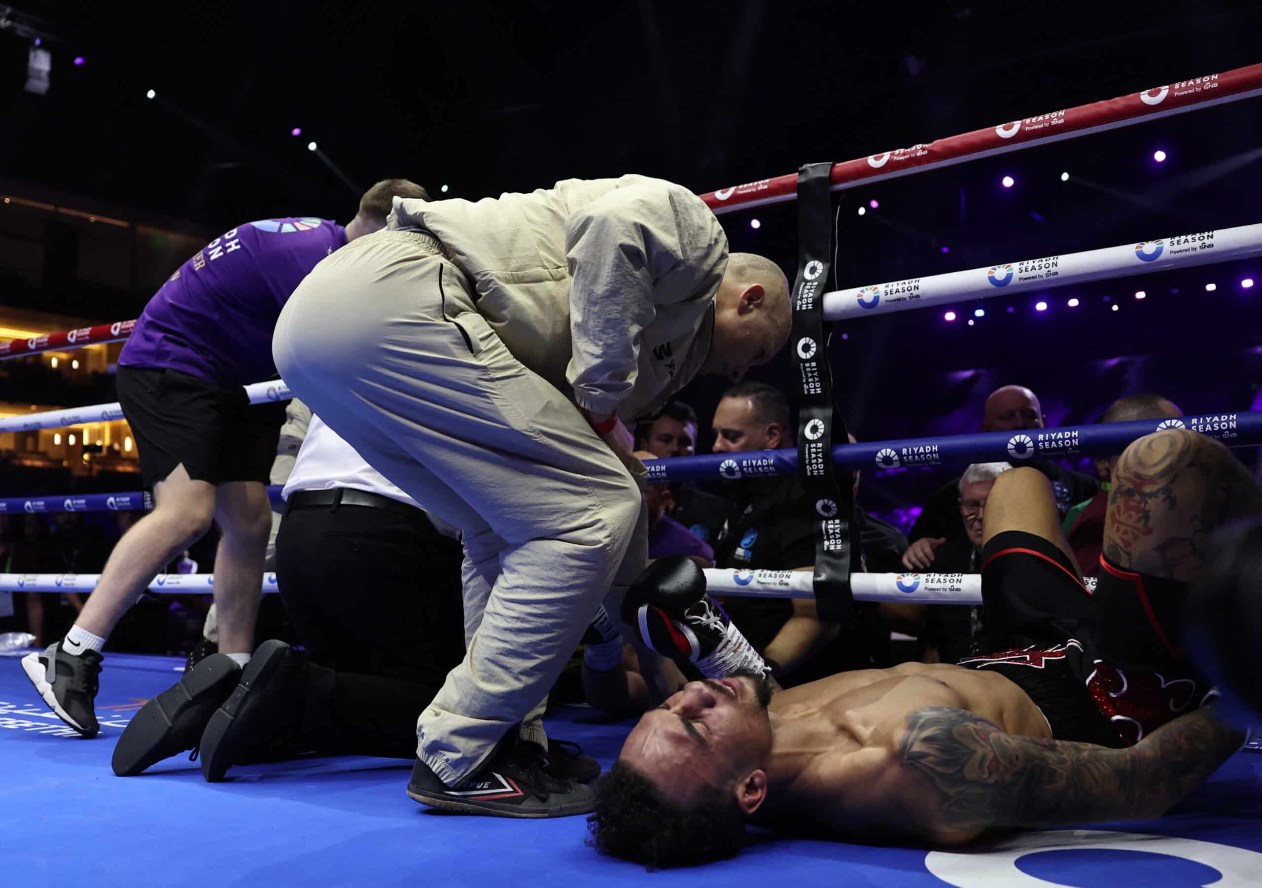 Boxing - Ben Whittaker v Liam Cameron - Kingdom Arena, Riyadh, Saudi Arabia - October 12, 2024 Ben Whittaker reacts after sustaining an injury during his fight against Liam Cameron on October 12, 2024.