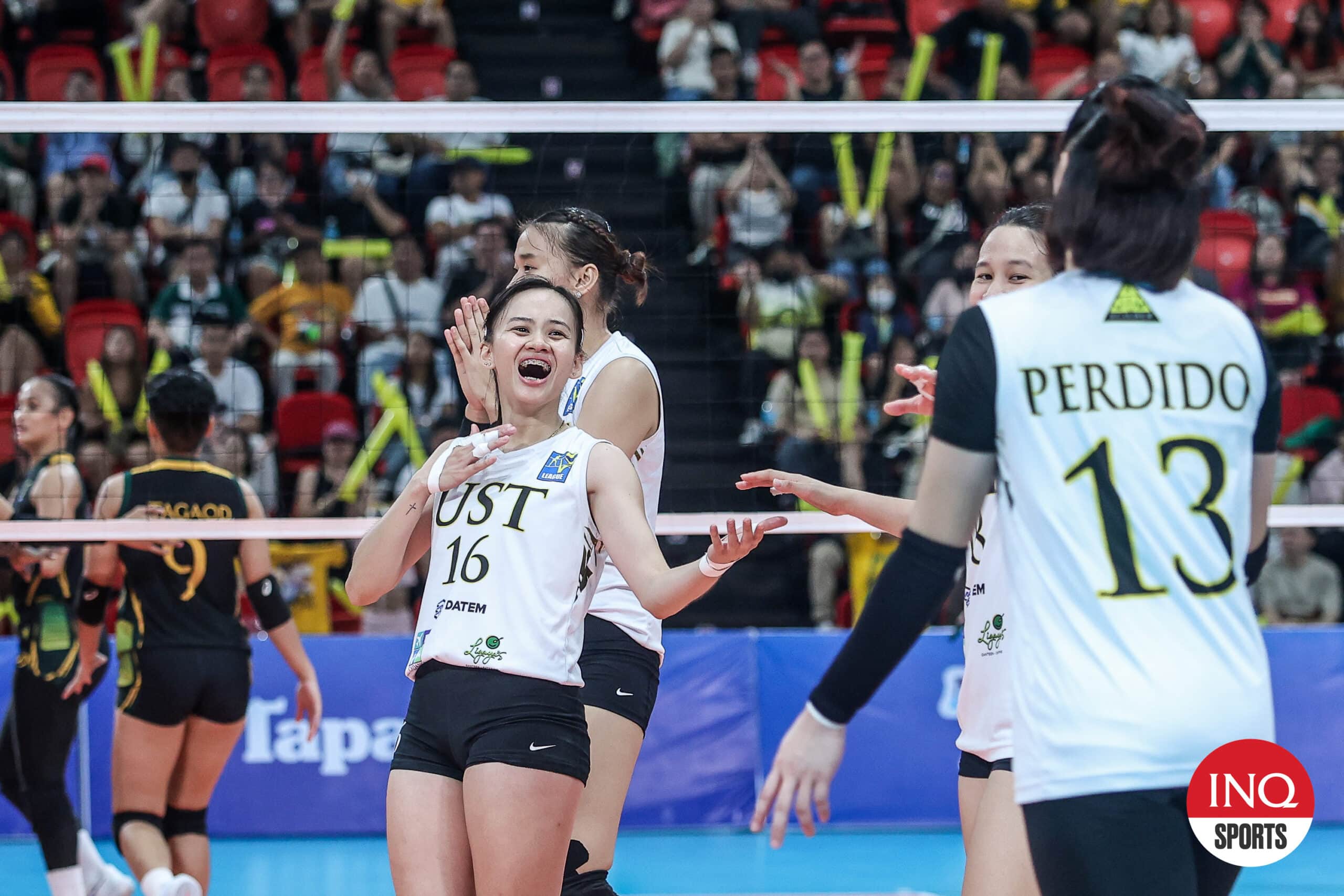 UST Tigresses celebrate their championship in the 2024 V-League Women’s Collegiate Challenge. They beat the FEU Lady Tamaraws in three games