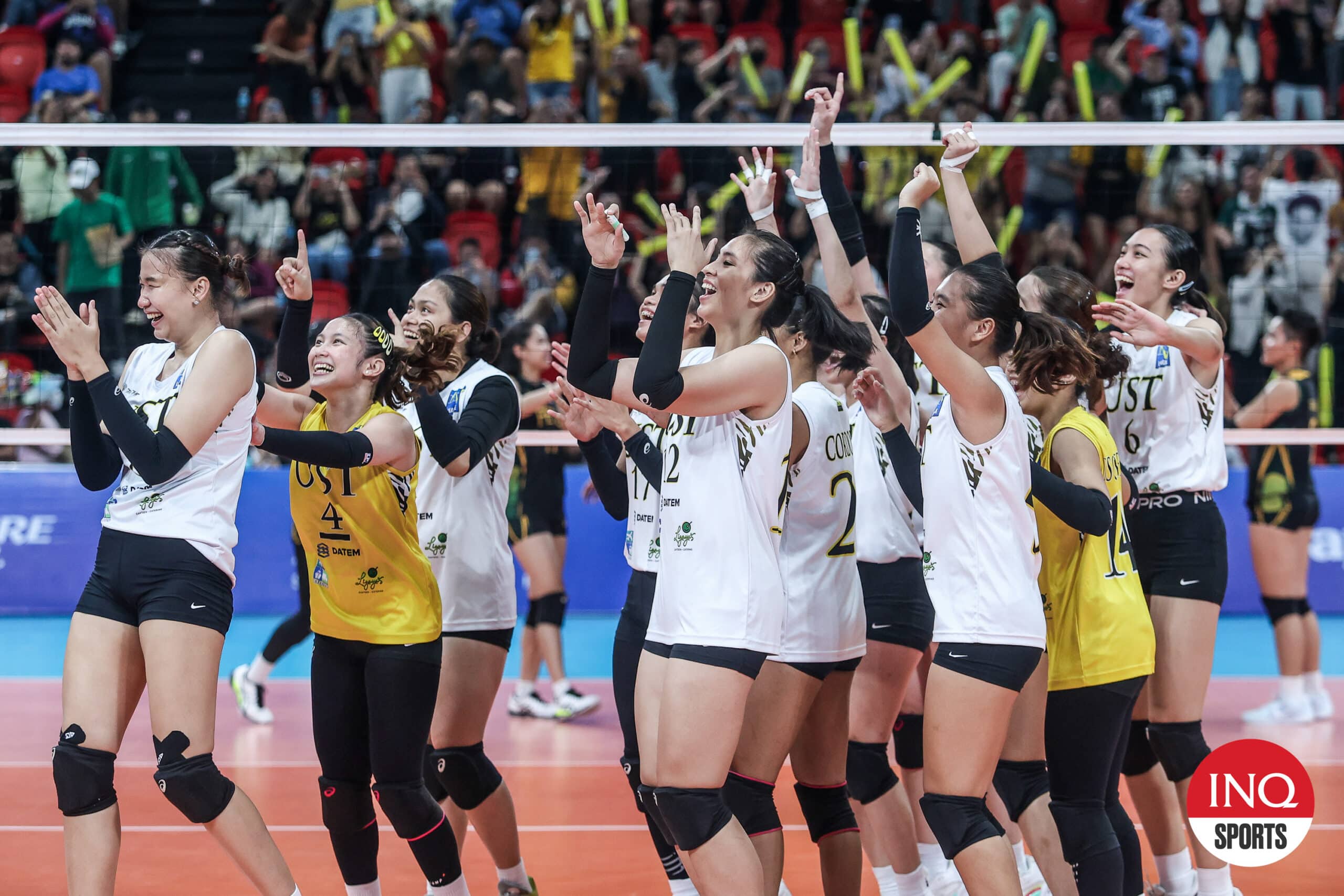 UST Tigresses celebrate their championship in the 2024 V-League Women’s Collegiate Challenge. They beat the FEU Lady Tamaraws in three games.