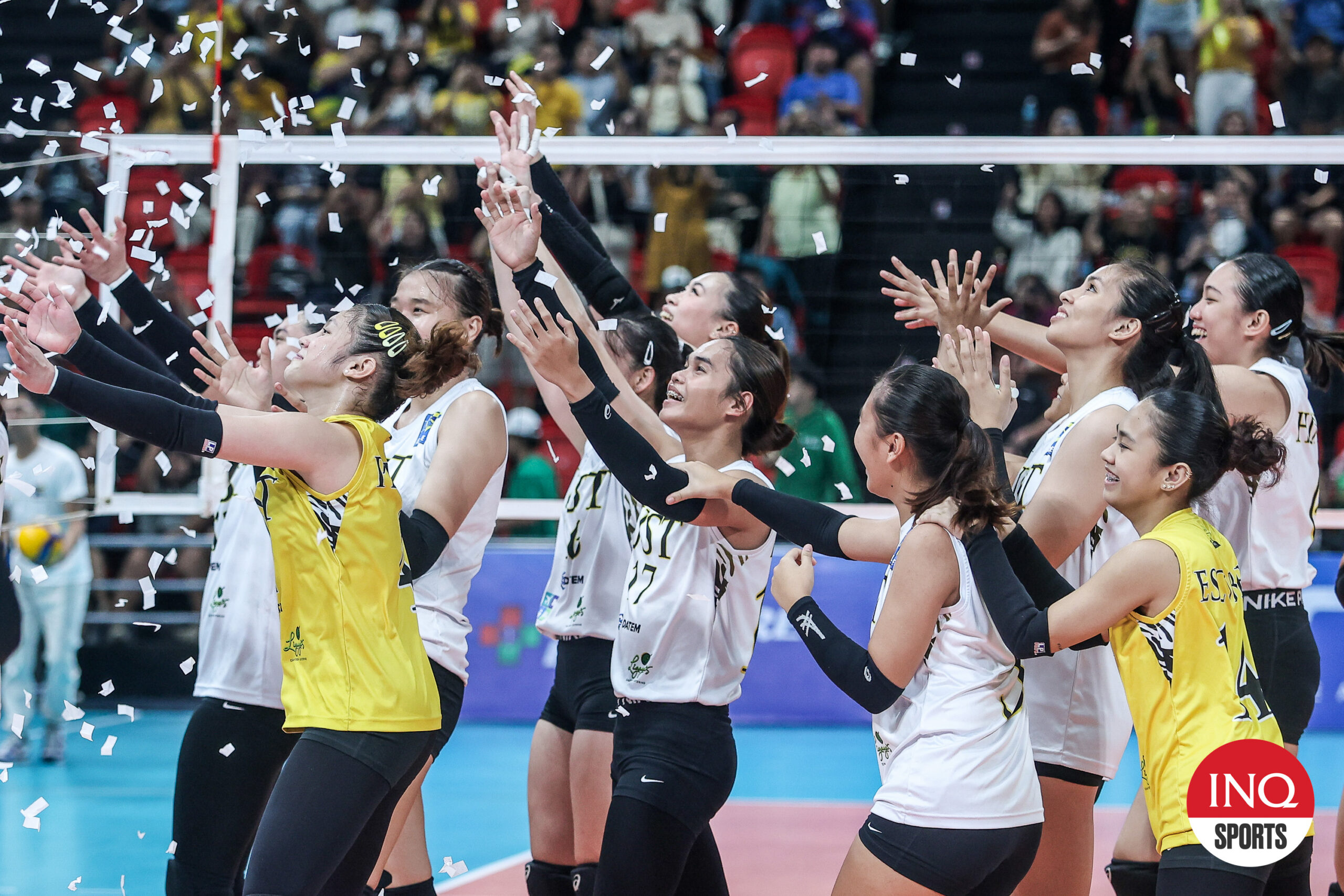 UST Tigresses celebrate their championship in the 2024 V-League Women’s Collegiate Challenge. They beat the FEU Lady Tamaraws in three games.